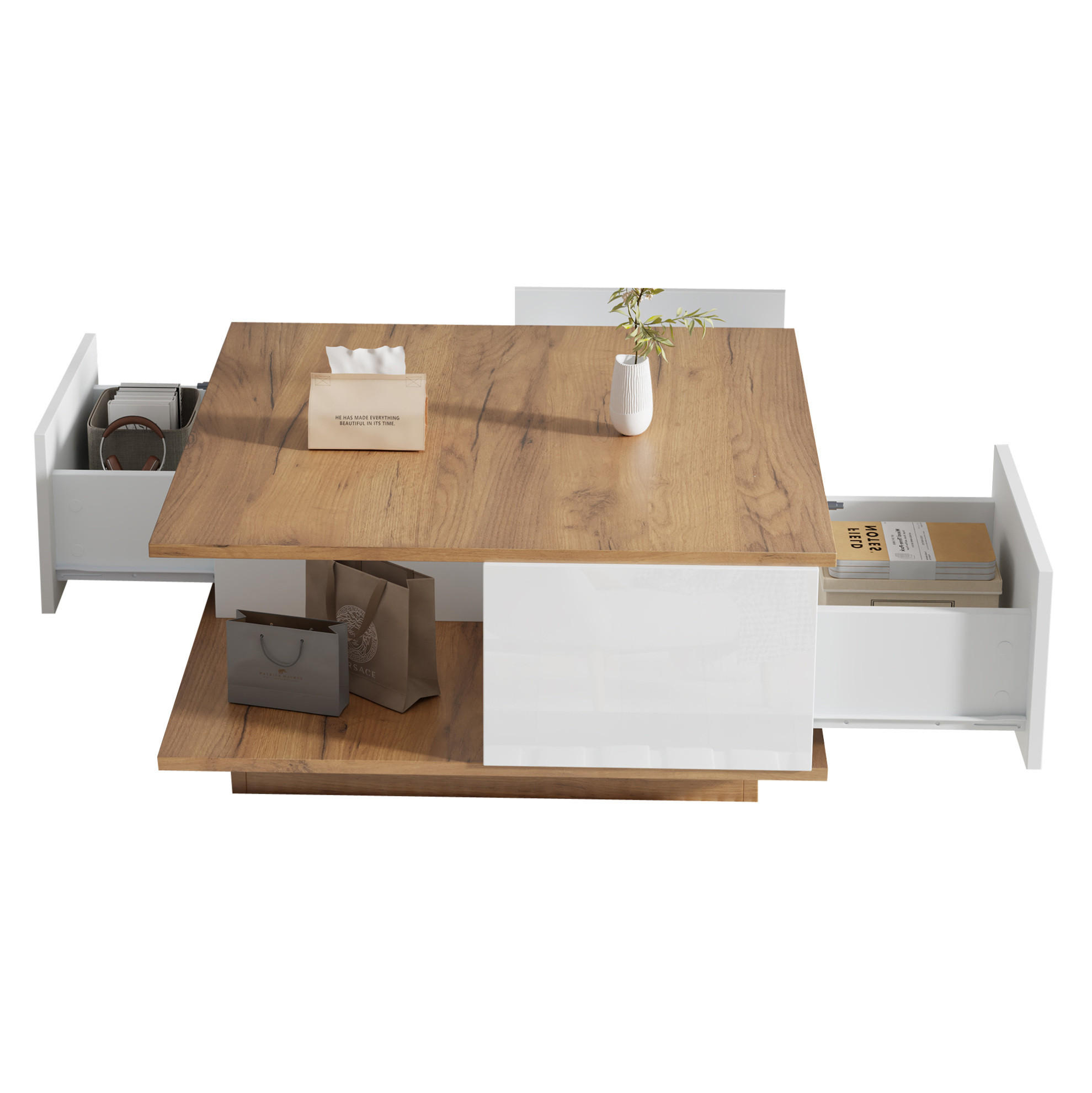 COUCHTISCH 70/70/31,5 cm mit 3 Schubladen und offenem Fach, Hochglanz-Fronten aus Spanplatte, Weiß/Walnuss - Walnussfarben, Holzwerkstoff (70/70/31.5cm) - Modfu