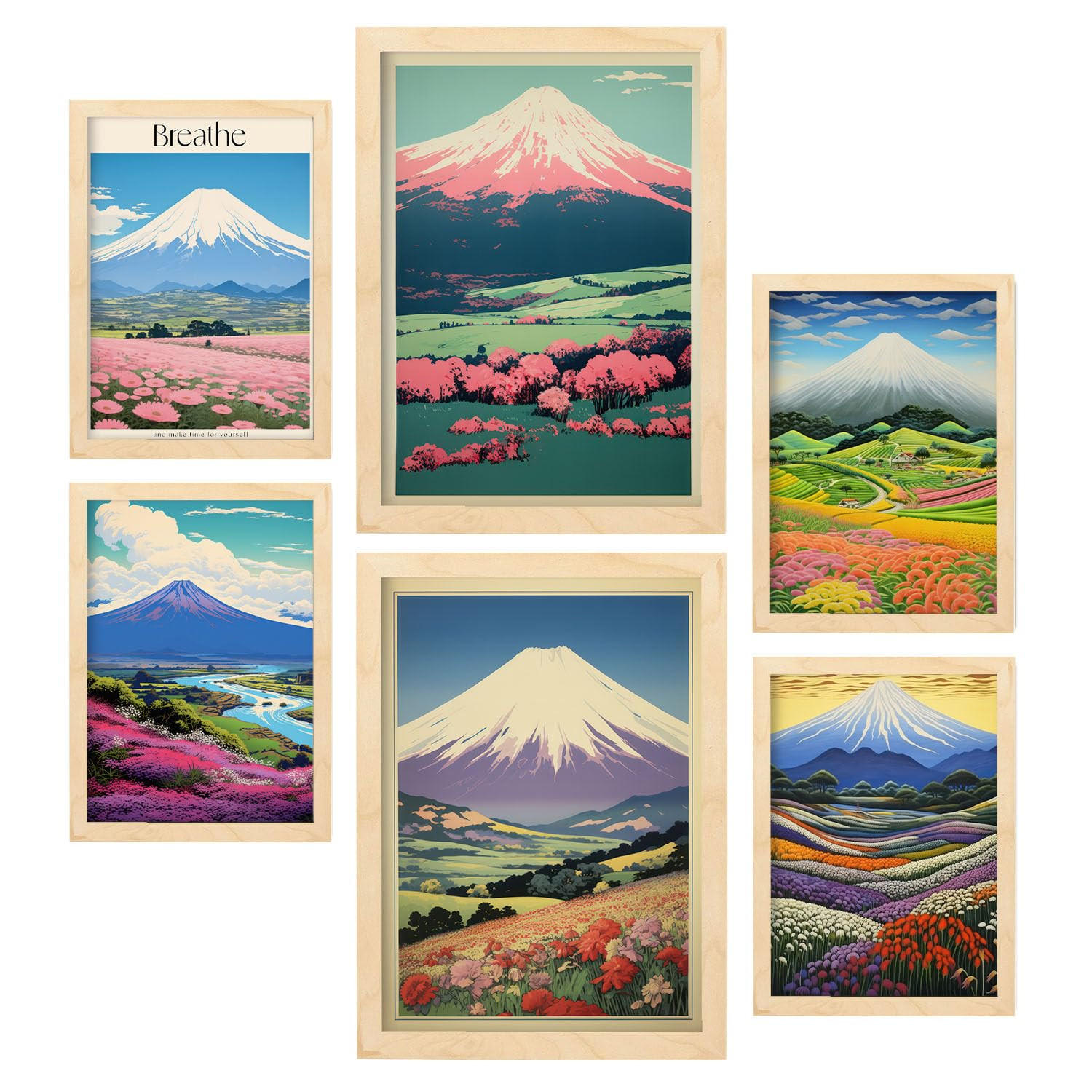 POSTER Set Mit 6 Massiver Berg In Vielseitiger A3 & A4 Rahmen Aus Hellem Holz - Beige, Papier (29/3cm) - Nacnic
