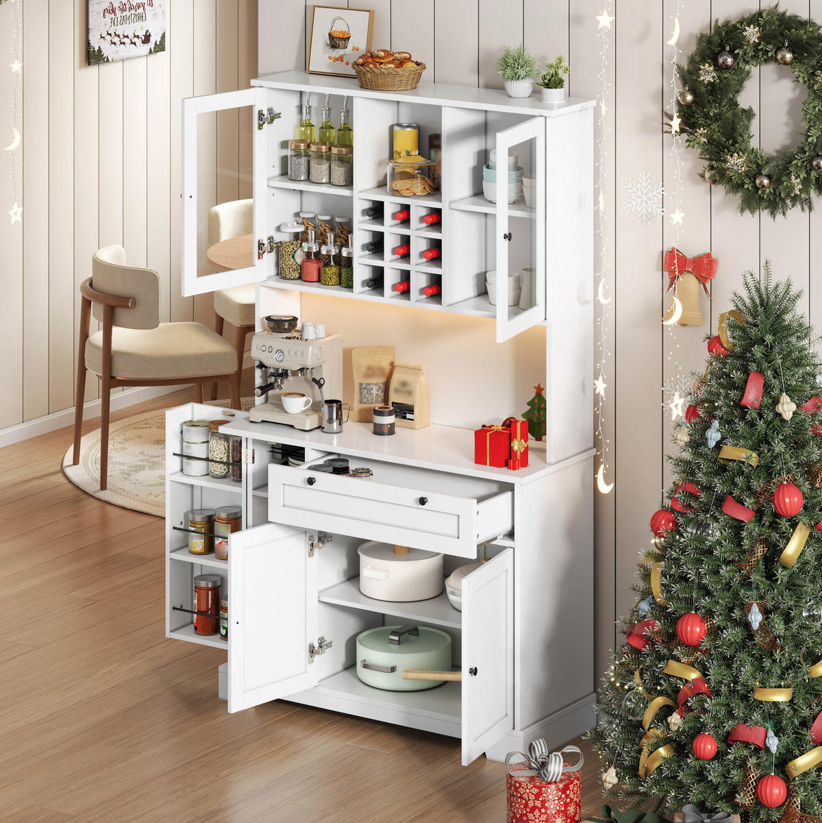 BUFFET 105/40/180 cm aus MDF mit LED-Beleuchtung und Steckdosenleiste Weiß - Weiß, Holzwerkstoff (105/180/40cm) - Modenvie