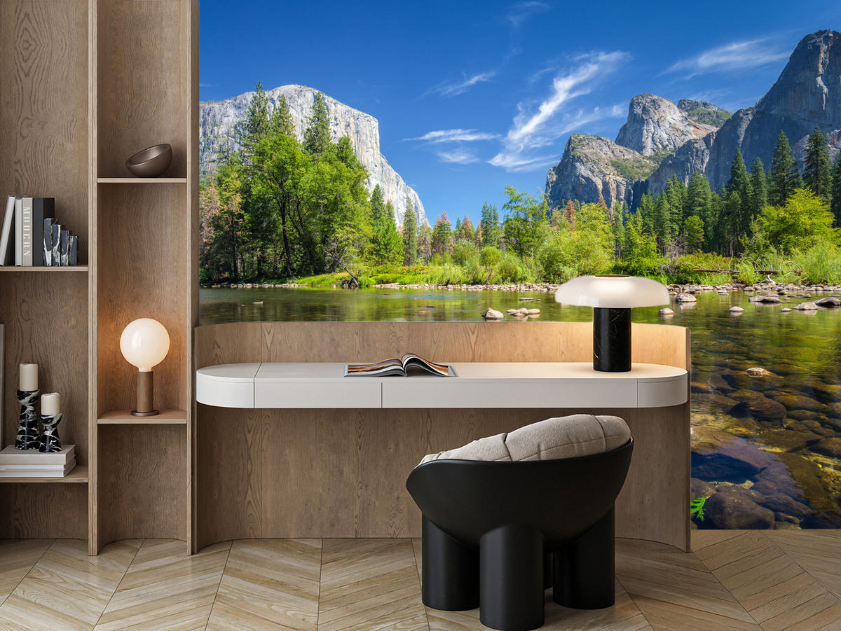 FOTOTAPETE für Wohnzimmer Yosemite Nationalpark Panorama Berge 350x256 - Blau/Beige, Papier (350/256cm) - Muralo