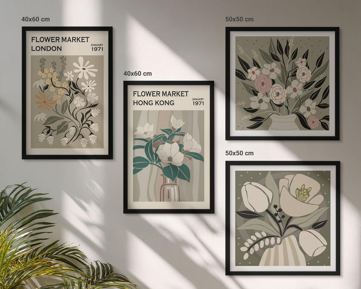 WANDBILDER 4er-Set - 50x50 cm & 40x60 cm Schwarzer Rahmen - Blumenillustrationen London Hongkong - Schwarz, Kunststoff (50/50cm) - ArtPrintCave