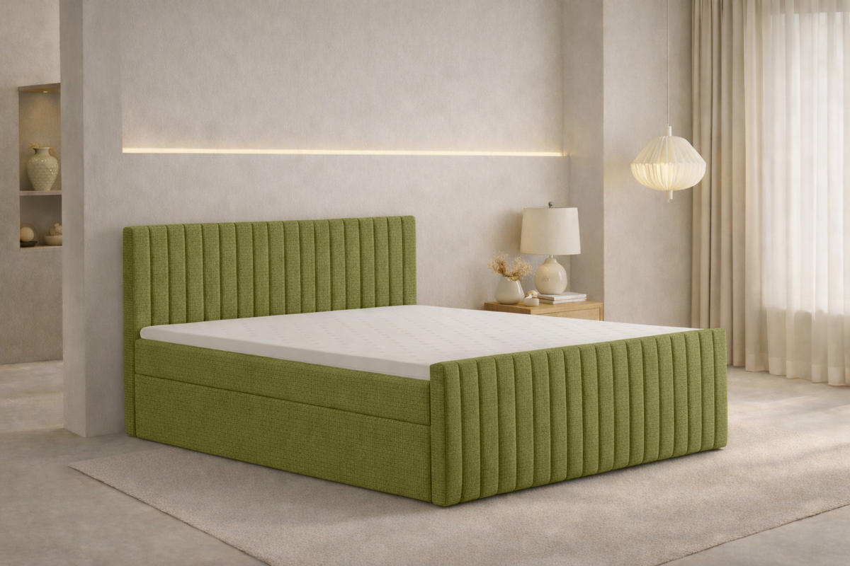 BOXBETT Mit Matratze Und Bettkasten, Chenille-Stoff Flow, Olive, 140x200 cm, H3-Bonell, DEMETER - Olivgrün, Holz (140/200cm) - Kaiser Möbel