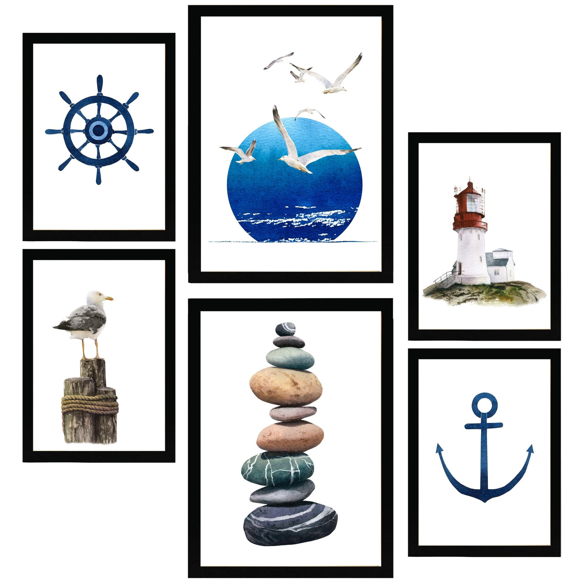POSTER Set Mit 6 Meereskomposition A3 & A4 Schwarzer Rahmen - Schwarz, Papier (29/3cm) - Nacnic