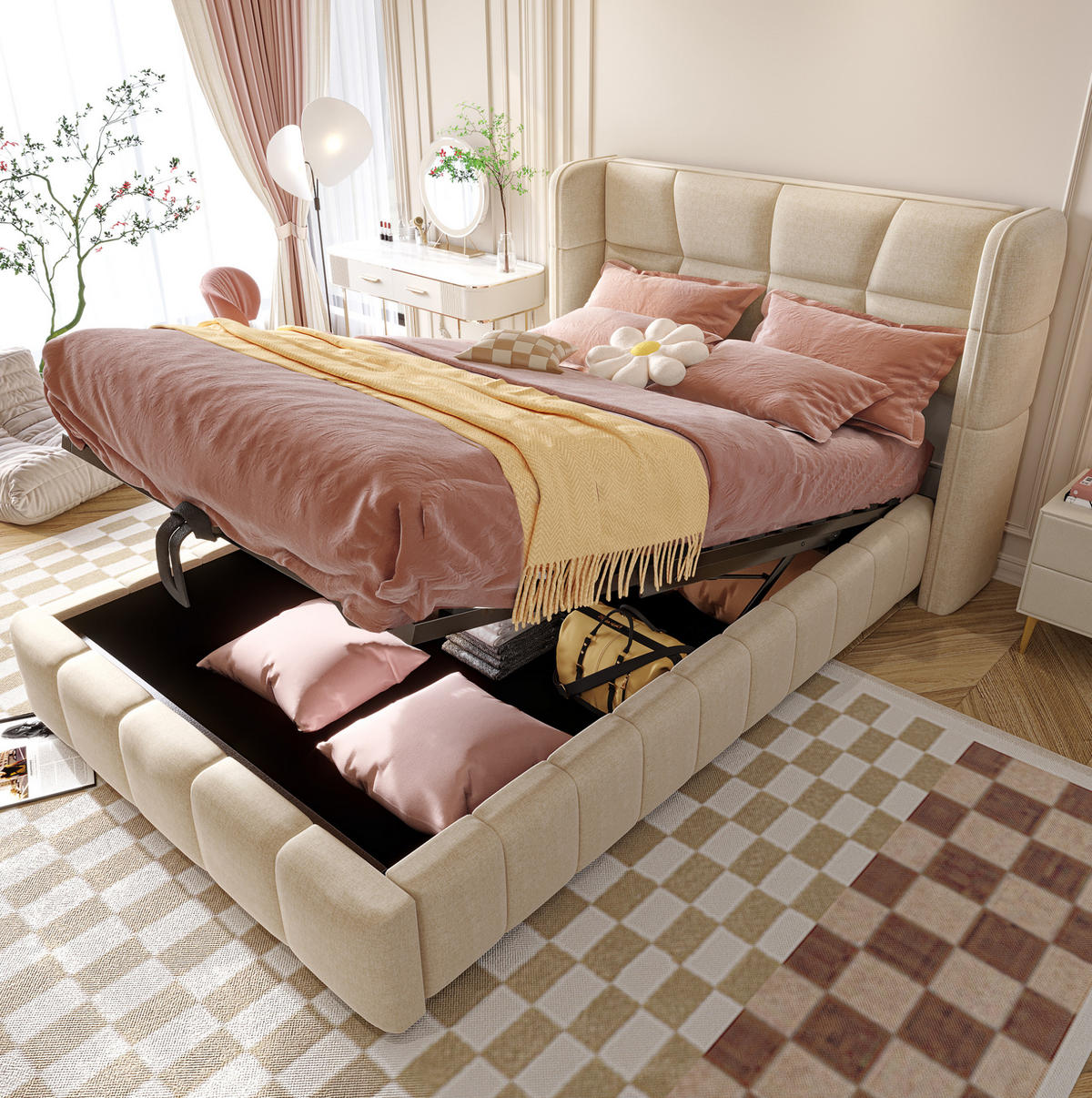 POLSTERBETT 90/200 cm beige aus Stoff mit Stauraum und Hebemechanismus - Beige, Textil (90/200cm) - OKWISH