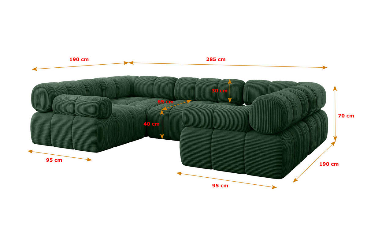 WOHNLANDSCHAFT modulares Sofa Birno-U1 - 285x190x70 cm Grün Cord - Grün, Holzwerkstoff/Textil (285/70/190cm) - ALTDECOR