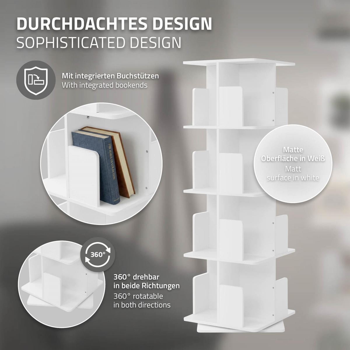 BÜCHERREGAL Kinder mit 4 Ebenen Weiß 40x124,5x40 cm Drehbar 360 Grad - Weiß, Holzwerkstoff (40/124.5/40cm) - ML-DESIGN