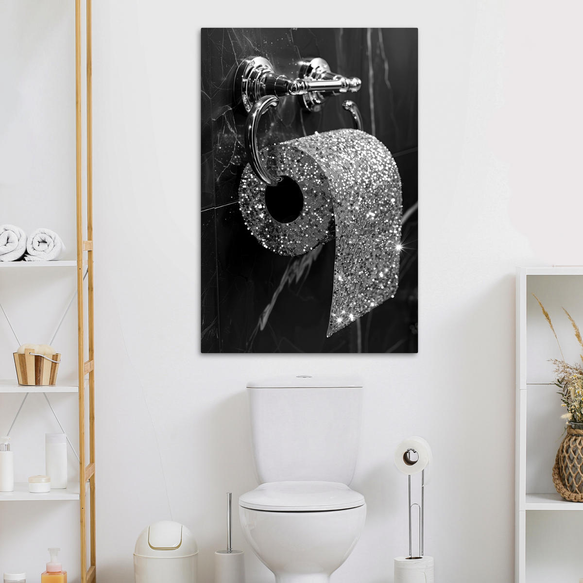 LEINWANDBILD WC - Toilettenpapier - Schwarz und weiß - Glitter 80x120 cm - Silberfarben, Textil (80/120cm) - MuchoWow
