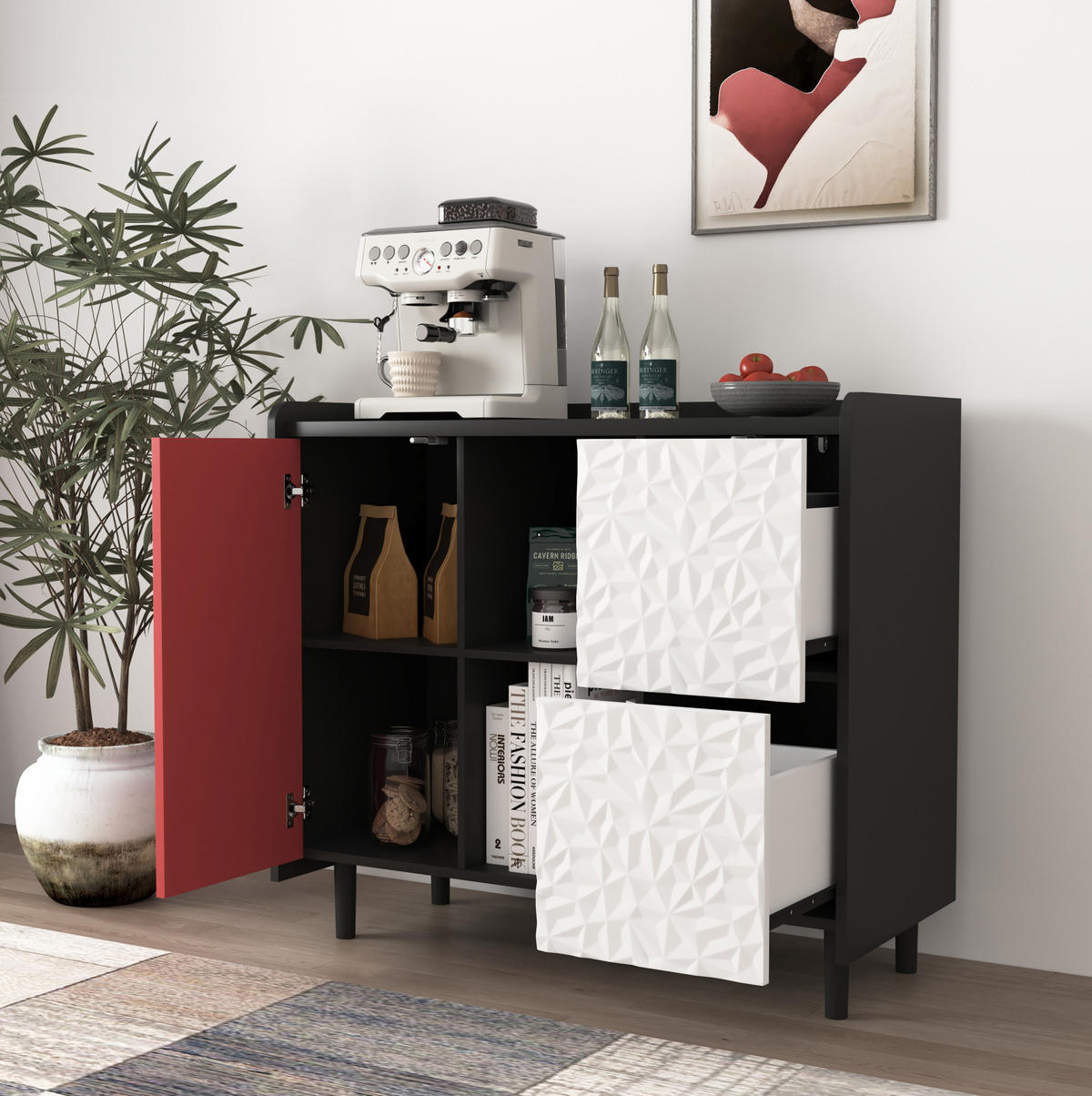 SIDEBOARD 90/40/80 cm, 2 Schubladen, offenes Fach und Tür, MDF Schwarz/Rot, Schwarz/Rot - Rot, Holzwerkstoff (90/80/40cm) - Redom