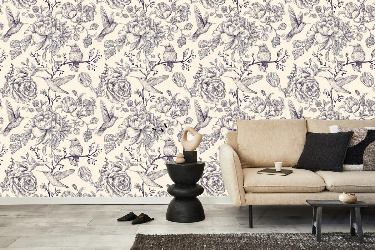 VLIESTAPETE Kolibris und Blüten – Grau, Creme – 50x1000 cm - Creme/Grau, Papier (50/1000cm) - Muralo