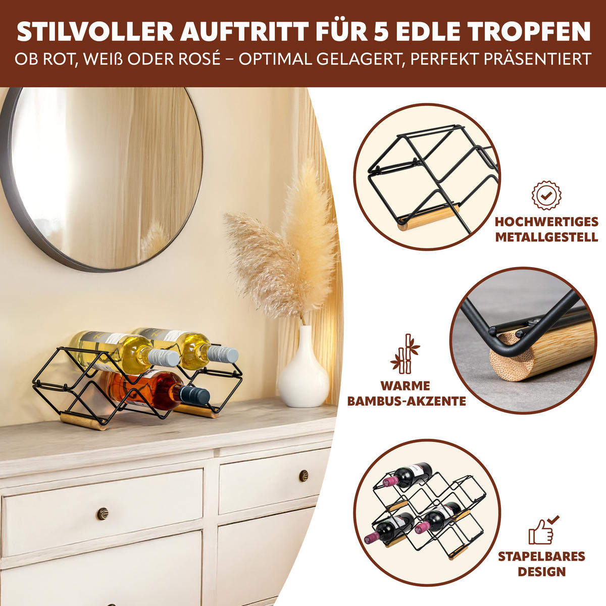 WEINREGAL-SET 6tlg, Metall, schwarz - Schwarz, Metall (39/14.5/15cm) - eluno
