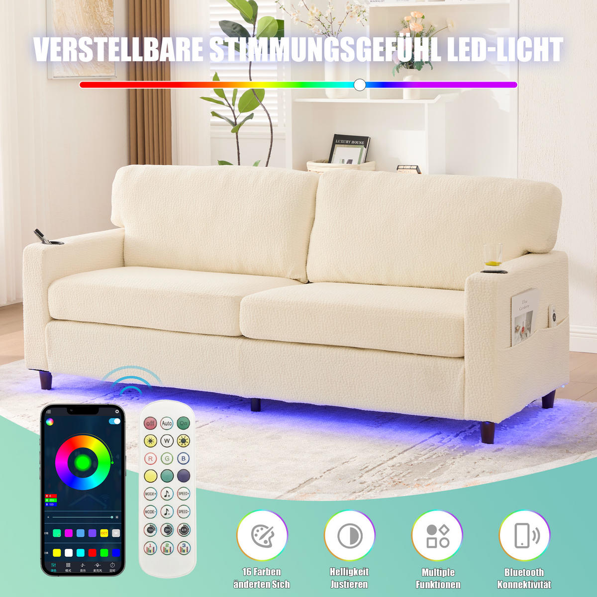 2-SITZER SOFA Chenille Beige mit USB-C, LED, Getränkehaltern und Seitentaschen - Beige, Holzwerkstoff/Textil (203/86/77.5cm) - WISHDOR