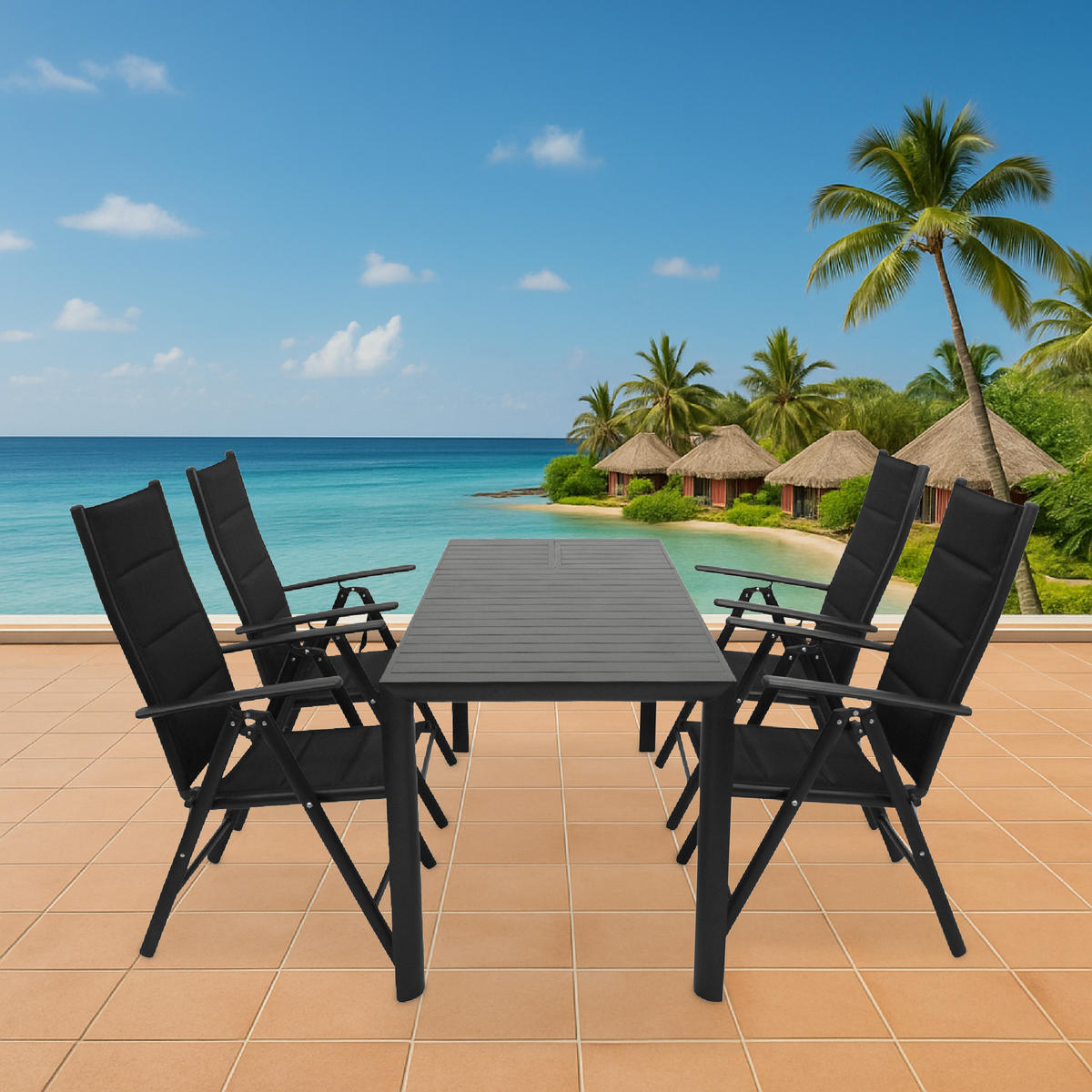 GARTEN-GARNITUR Ashford - 5-teilige Garten-Essgruppe (4x Klappsessel, Aluminium dunkelgrau + Textilgewebe gepolstert schwarz - Schwarz, Metall - TPFGarden