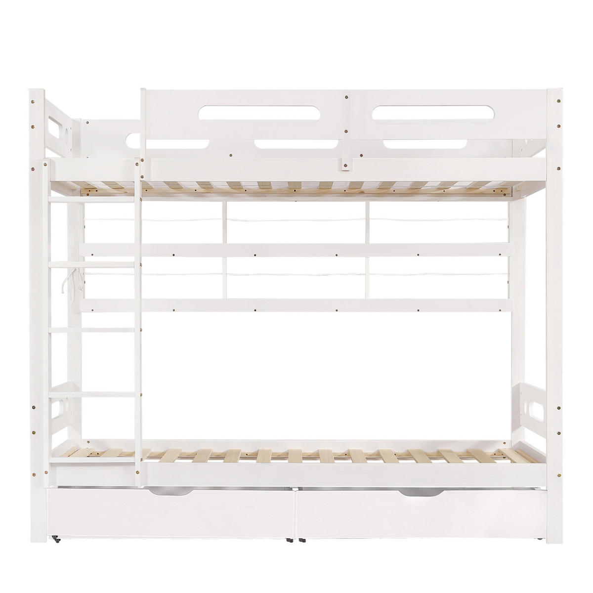 ETAGENBETT aus Kiefernholz und MDF 90x200 cm Weiß/Natur mit Schubladen, Regal und Fallschutzgitter - Weiß, Holzwerkstoff (90/200cm) - IVMEU