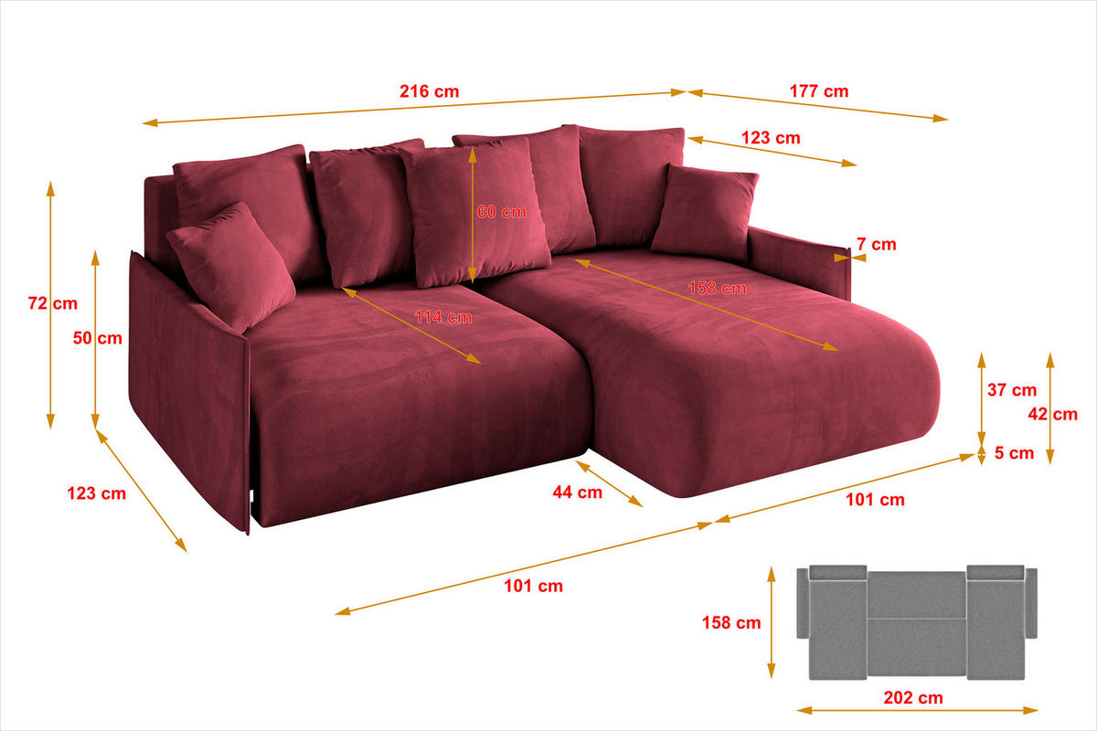 ECKSOFA Ottomane rechts ONESK-L -v1 216x177x72 Bordeauxrot Velours - Bordeaux, Holzwerkstoff/Kunststoff (177/216cm) - ALTDECOR