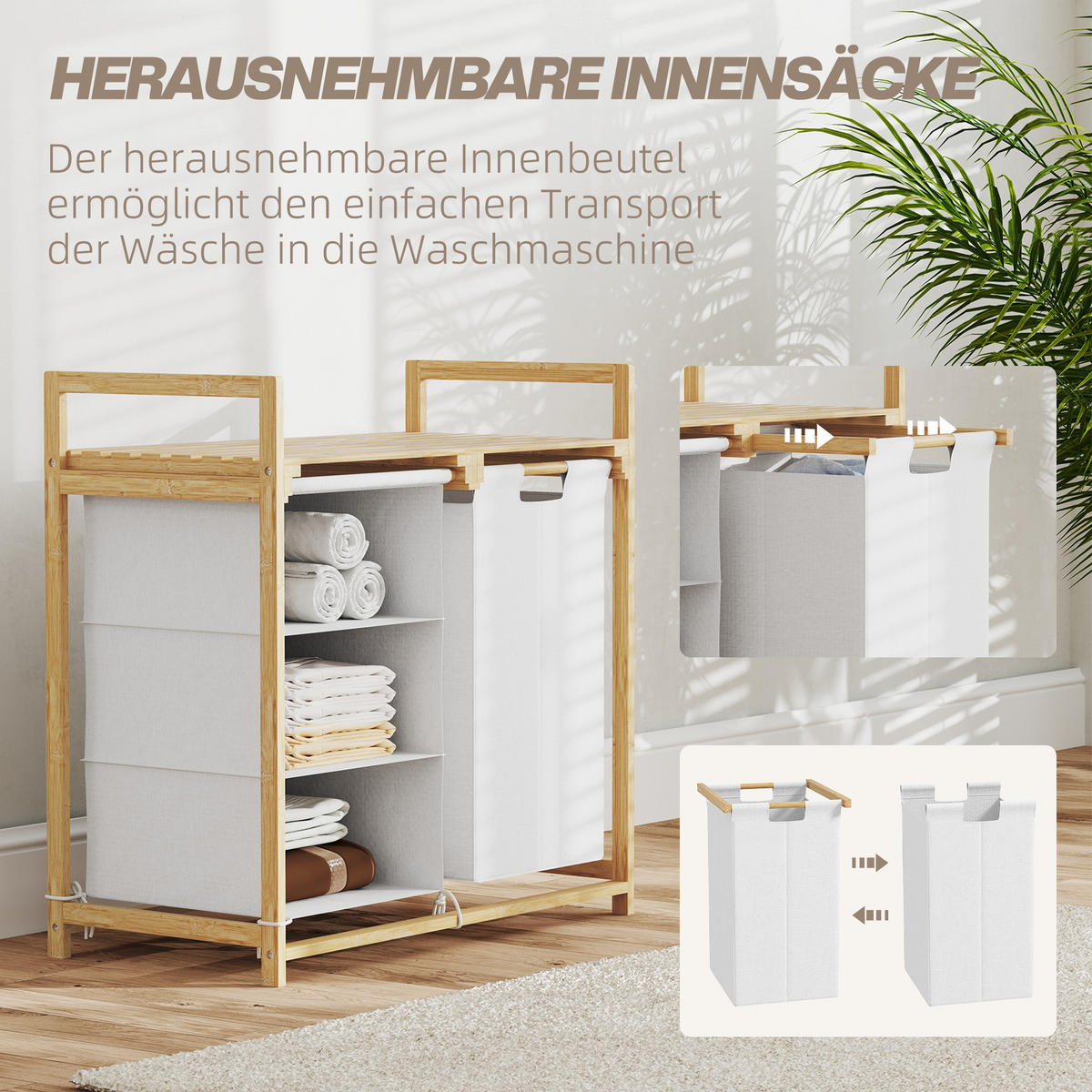 WÄSCHEKORB 4 Fächer Wäschesammler, 70 x 36 x 70 cm Bambus Weiß - Weiß, Naturmaterialien (70/70/36cm) - HOMCOM
