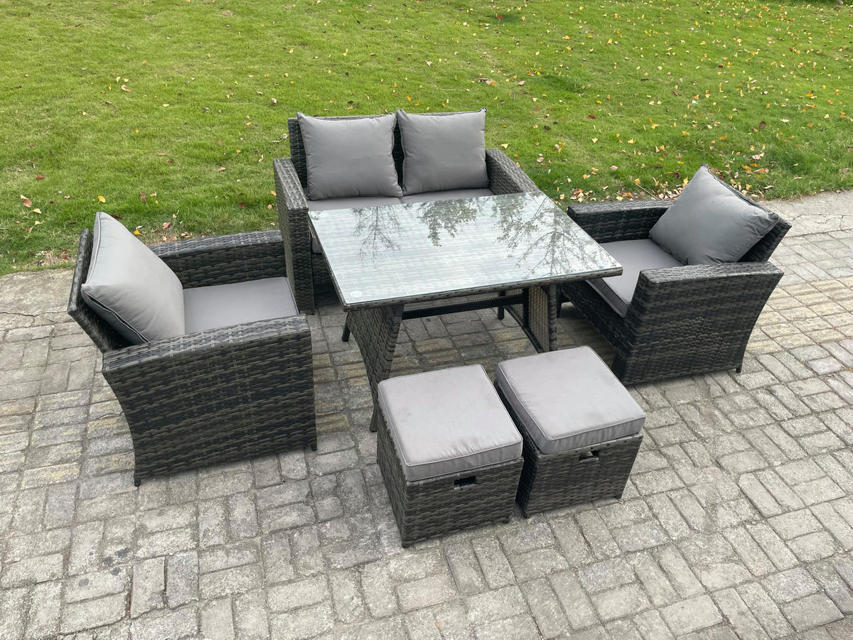 GARTENMÖBELSET mit ESSTISCH,HOCHLEHNER-SOFA Polyrattan Dunkelgrauer Mix 6-Sitzer - Dunkelgrau/Grau, Glas/Kunststoff - Fimous