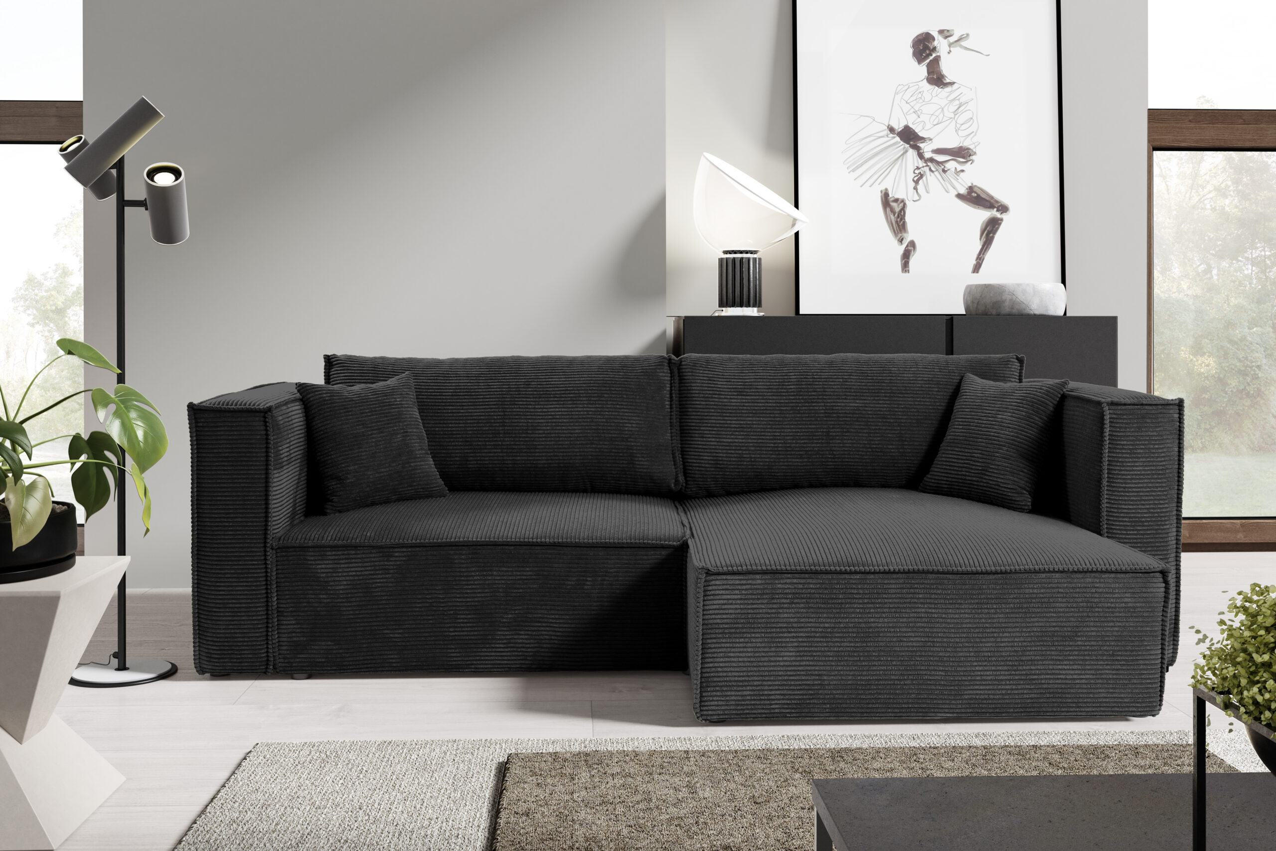 ECKSOFA mit Schlaffunktion Cord Schwarz - Schwarz, Textil (245/148cm) - Furnisell