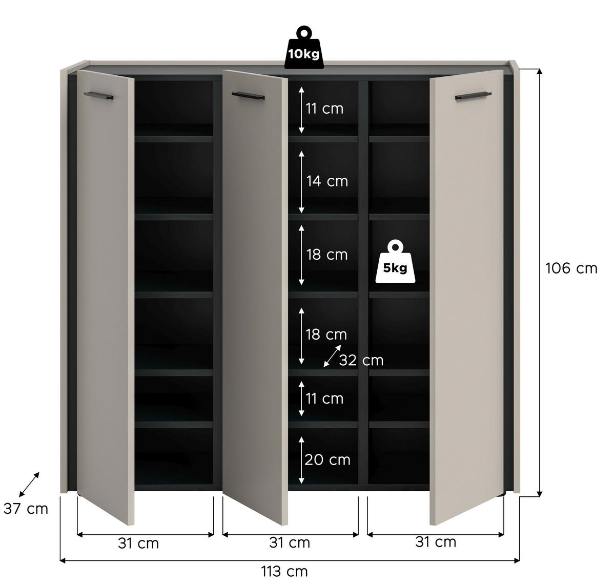 SCHUHKOMMODE Emil Kaschmir 113/37/106 cm - Beige, Holzwerkstoff (113/106/37cm) - Xonox