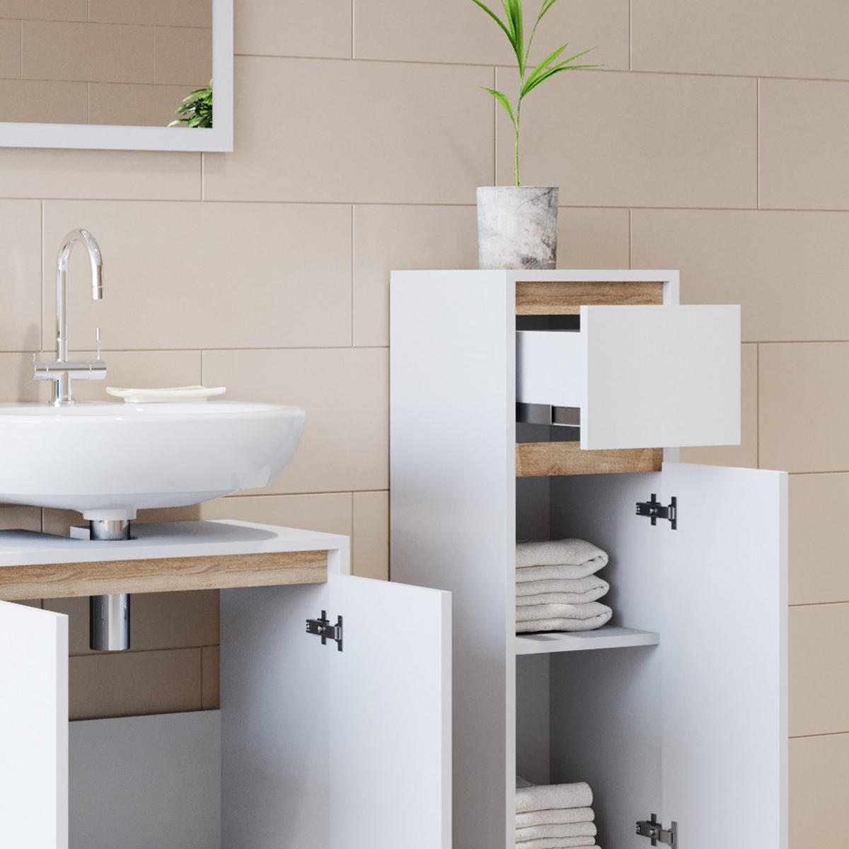 BADMÖBEL-SET Emma Weiß/Sonoma 3 Teile, mit Midischrank - Weiß/Sonoma Eiche, Holzwerkstoff (58/60/33cm) - Vicco