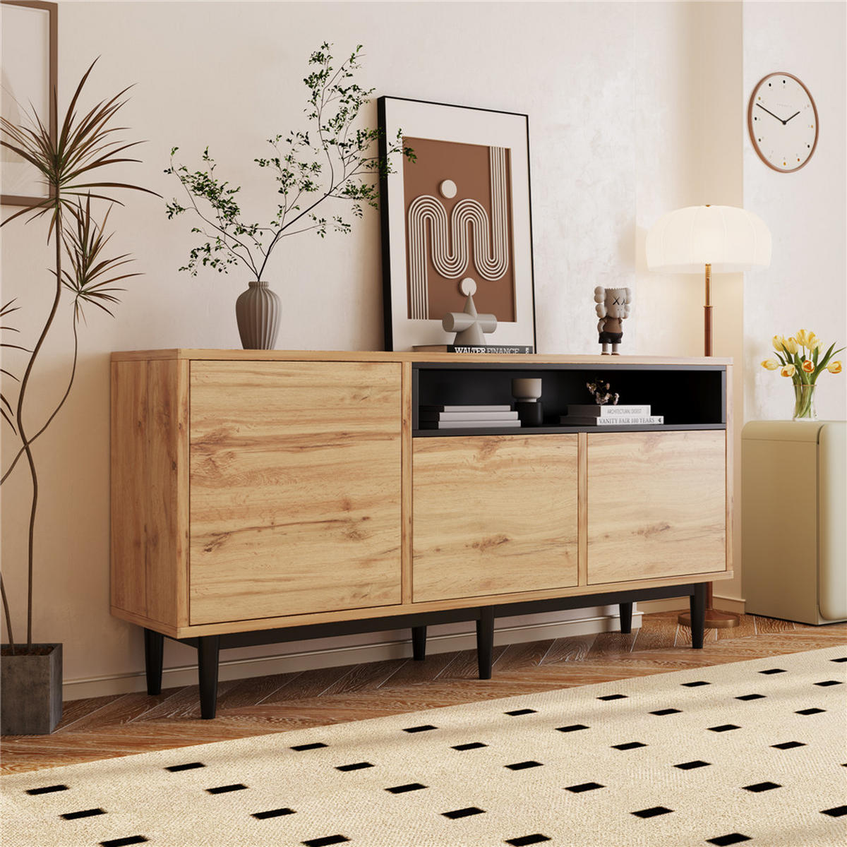 SIDEBOARD Holz 160/76/35 cm mit 3 Türen Regale - Naturfarben, Holz (160/76/35cm) - Kaket