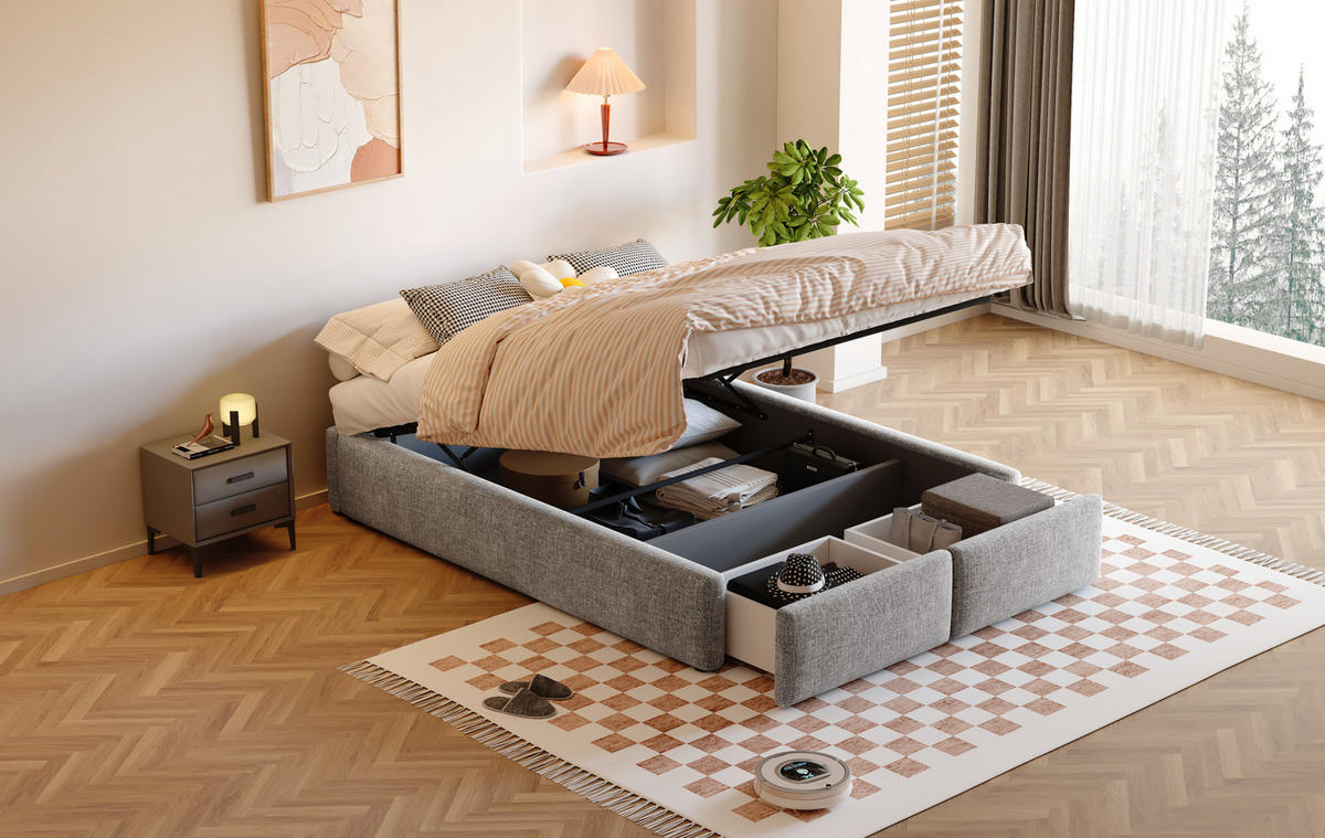 POLSTERBETT 140/200 cm Grau aus Leinen mit Stauraum - Grau, Textil (140/200cm) - OKMYHOME