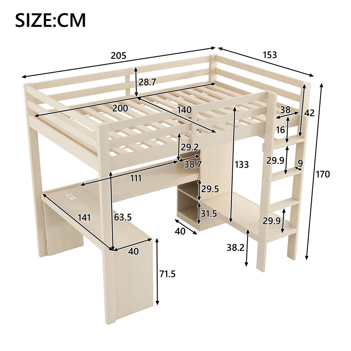 HOCHBETT 140/200 cm in Natur mit Schreibtisch, LED, USB und Regal - Naturfarben, Holzwerkstoff (140/200cm) - STILVORA