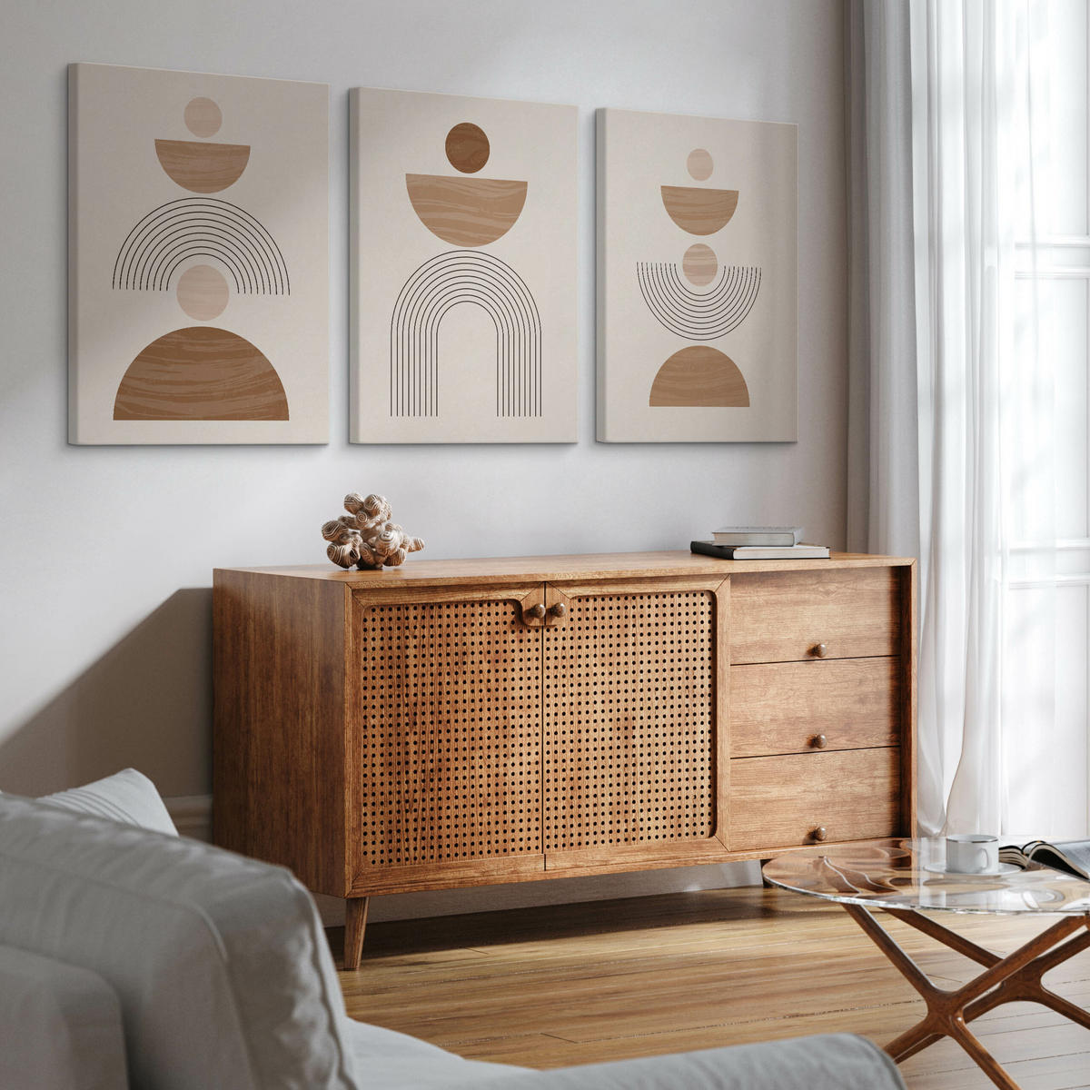 LEINWANDBILDER 3-er Set Geo-Muster Boho - Beige/Weiß, Textil (90/40cm) - Muralo