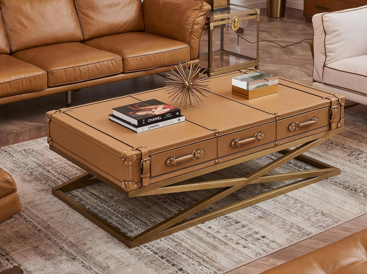 COUCHTISCH Rechteckiger Couchtisch aus Leder und goldenem Stahl 144/78/47 cm - Braun, Leder (78/144/47cm) - ANGEL CERDA