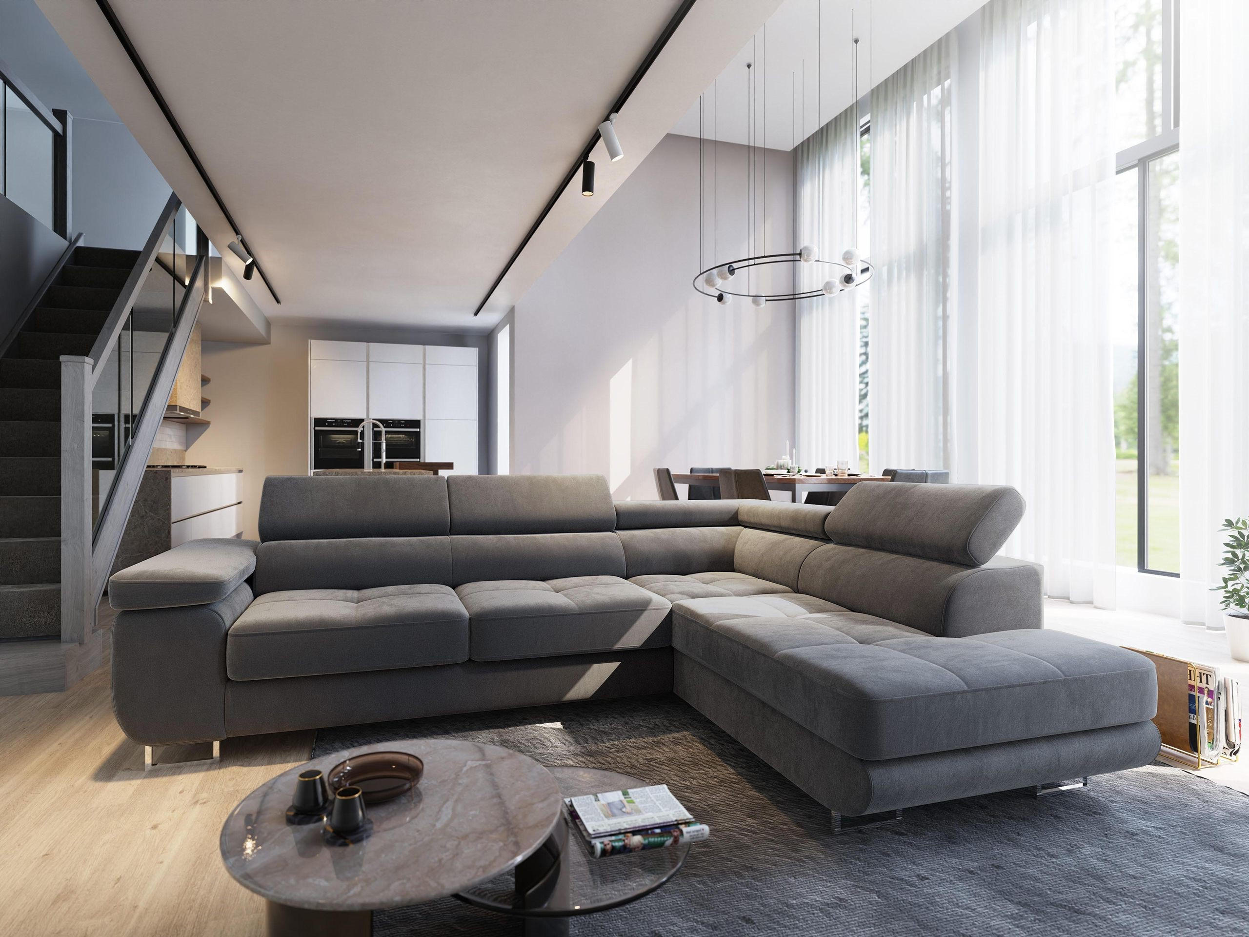 ECKSOFA SELVA R-S Grau Velours-Stoff mit Schlaffunktion - Grau, Holz (275/202cm) - MASSENO