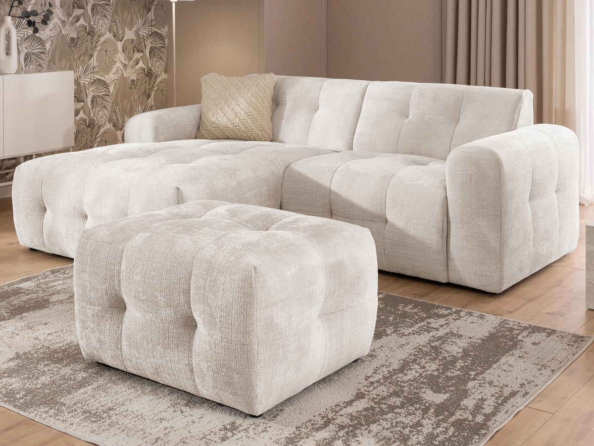 ECKSOFA inkl. Hocker Kozy im Bumpy-Design mit Schlaffunktion und fester Rückenlehne aus weichem Beige Chenille-Stoff - Ottomane links - Beige/Creme, Holz/Kunststoff (161/234cm) - S-Style Möbel