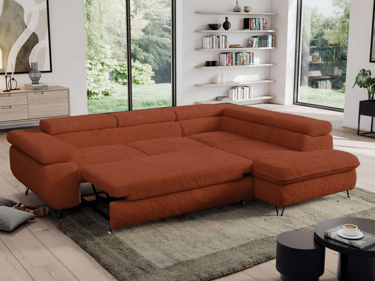 ECKSOFA PEDRO L Orange Plüsch - Rechts Seite - Schwarz/Orange, Textil/Metall (273/208cm) - MKS