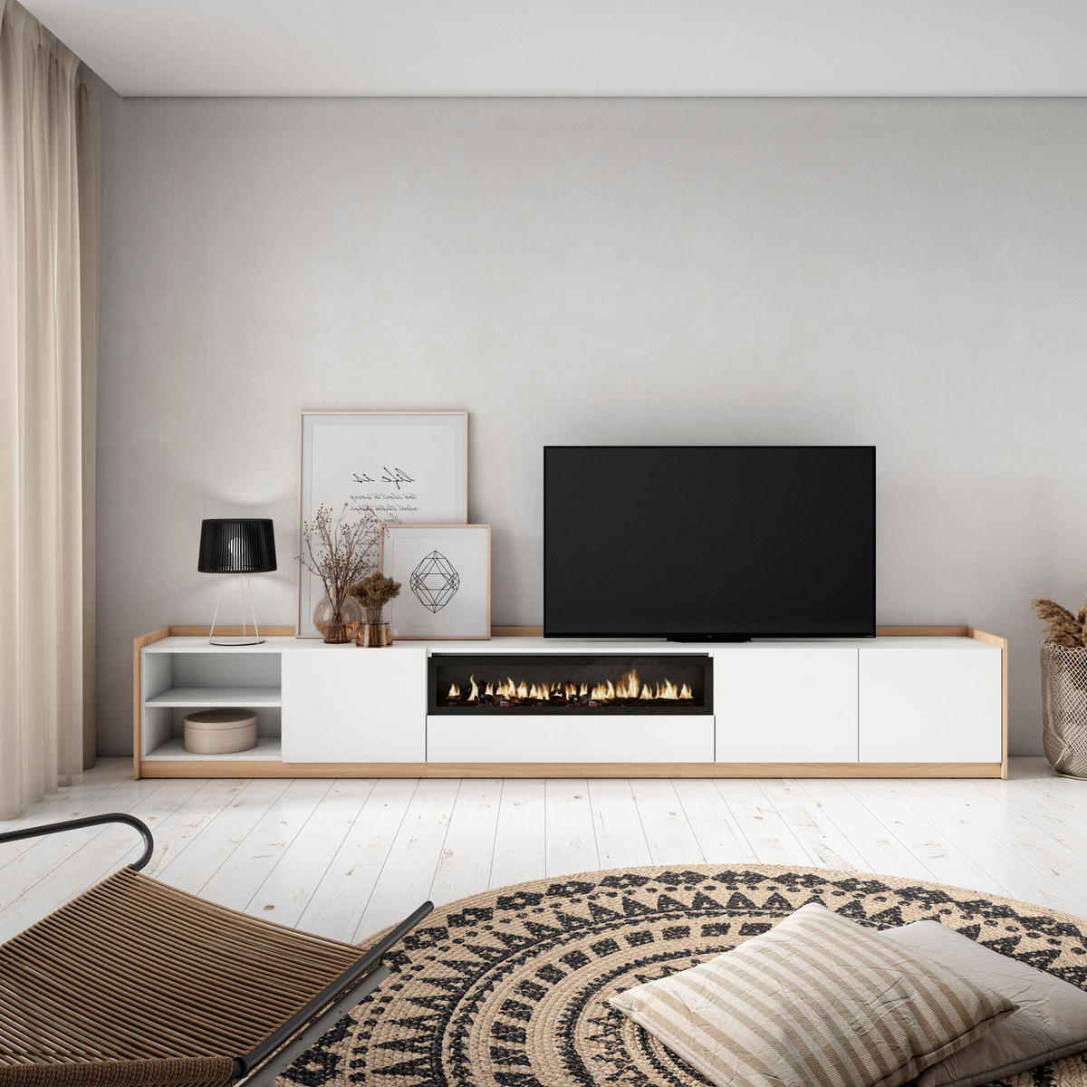 TV-SCHRANK, Lowboard, Weiß und Eiche Soft, Elektrokamin, 310/37/50cm - Weiß, Holzwerkstoff (310/50/37cm) - Skraut Home