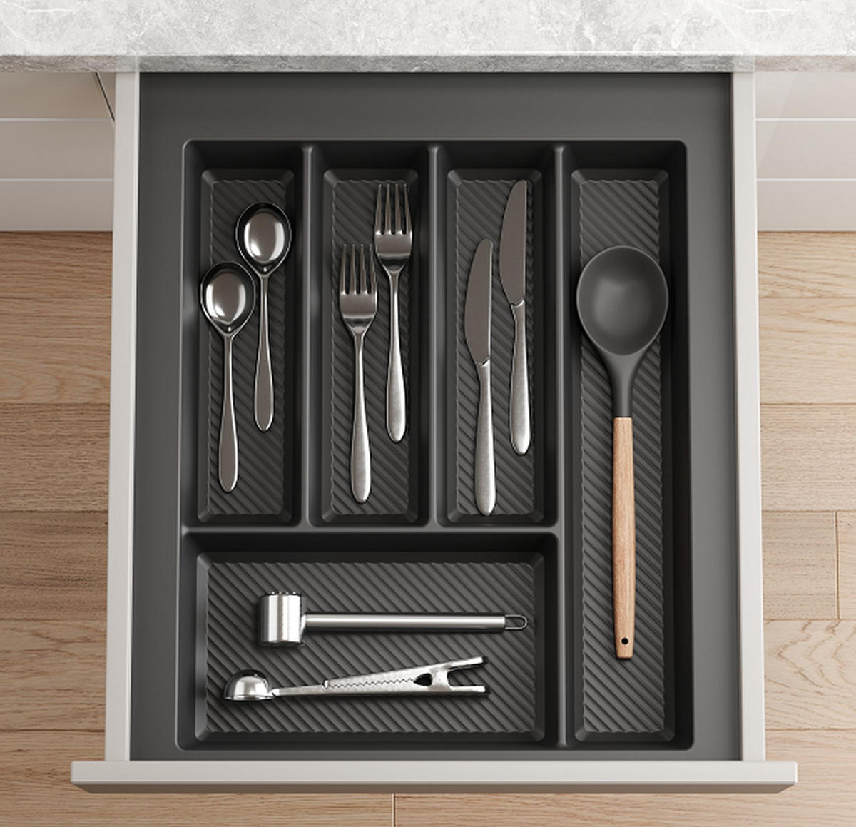 BESTECKEINSATZ kürzbar, Breite 34-40cm, Schublade 45cm, Tiefe 42-49cm - Anthrazit, Kunststoff (40/5.5/49cm)