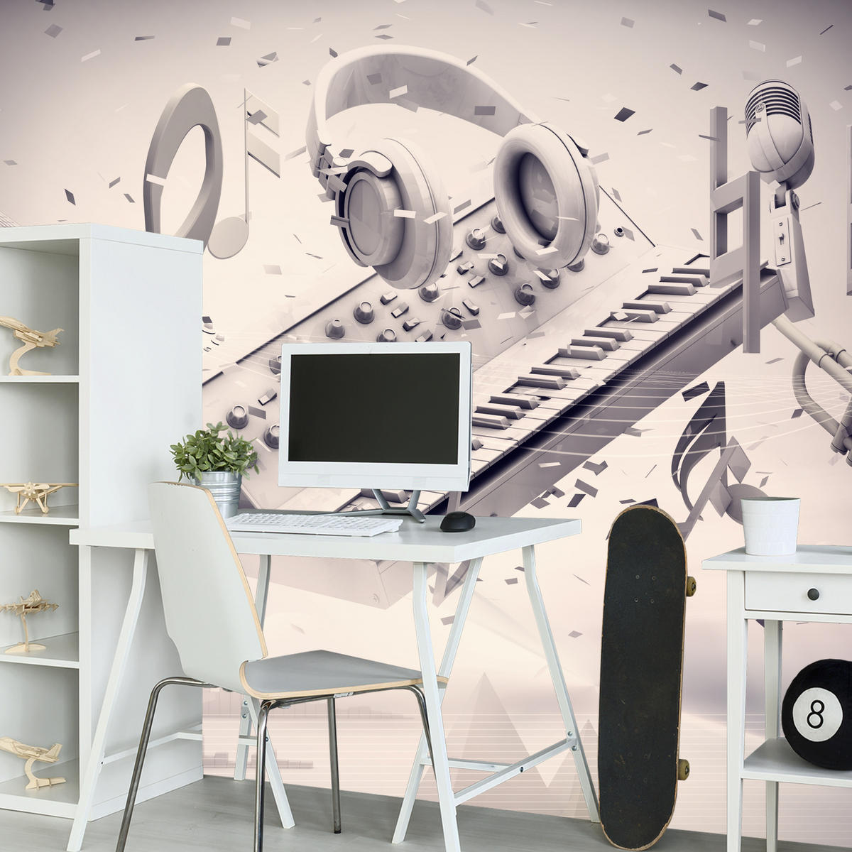 FOTOTAPETE für Jugendzimmer Modern Kollage Musik Klavier Noten Kopfhörer 100x70 - Grau, Papier (100/70cm) - Muralo