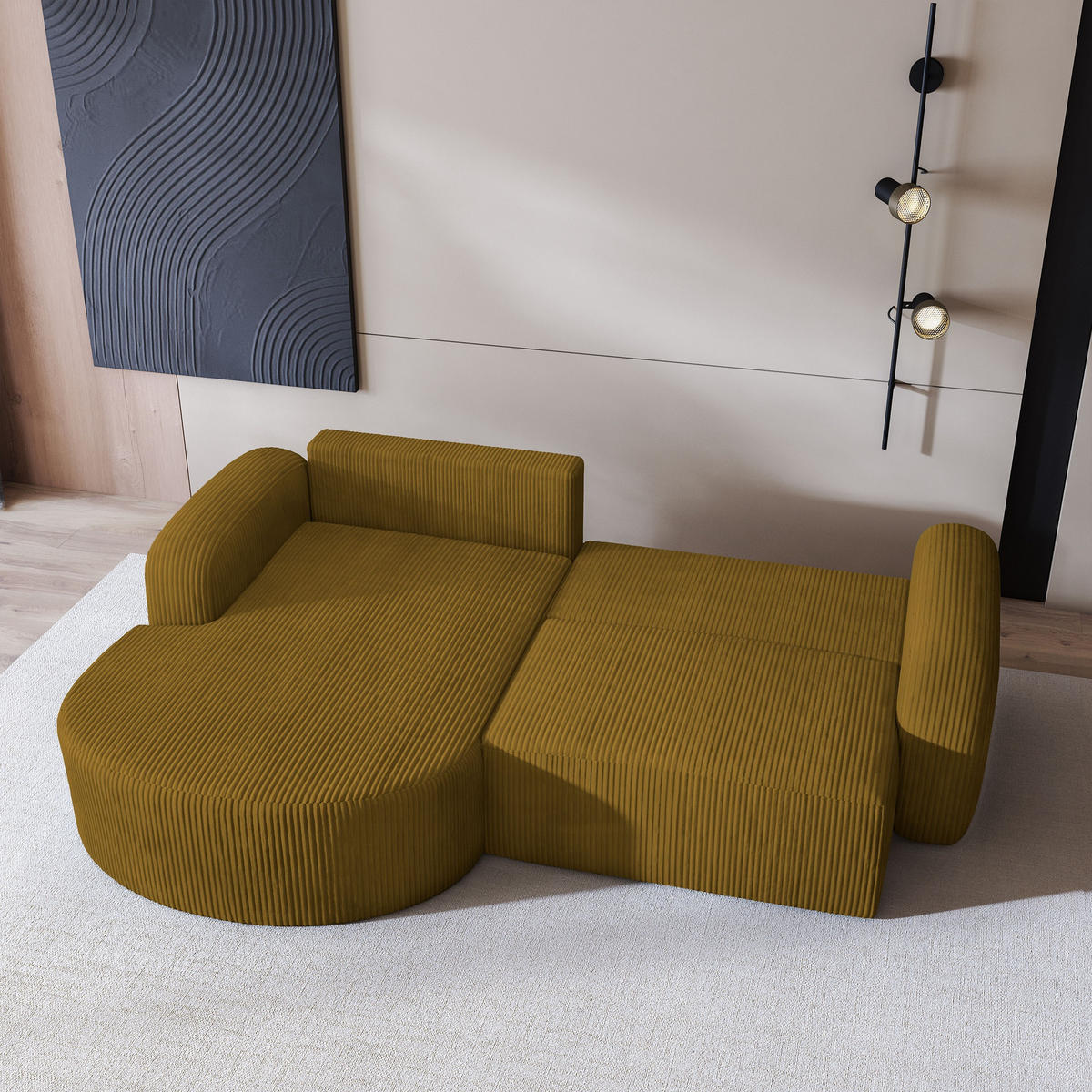 ECKSOFA AMILIA P L-S Gelb Kordstoff mit Schlaffunktion - Gelb, Holz (263/174cm) - MASSENO