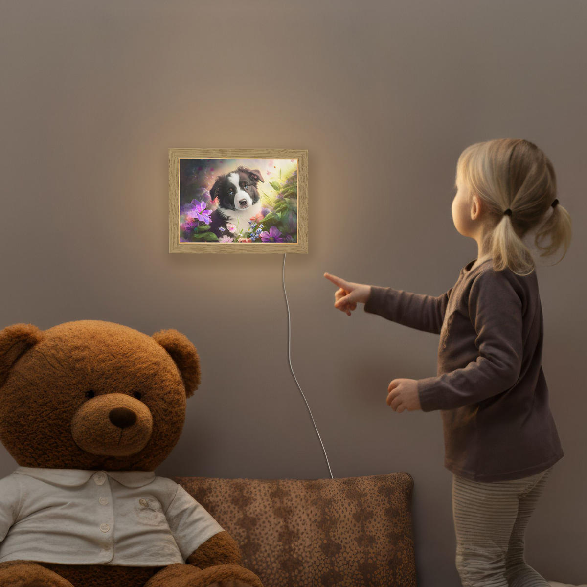 NACHTTISCHLAMPE Welpe - Sonne - Blumen - Natur - Border Collie - Hund 20x15 cm - Violett, Holzwerkstoff (8/20/15cm)