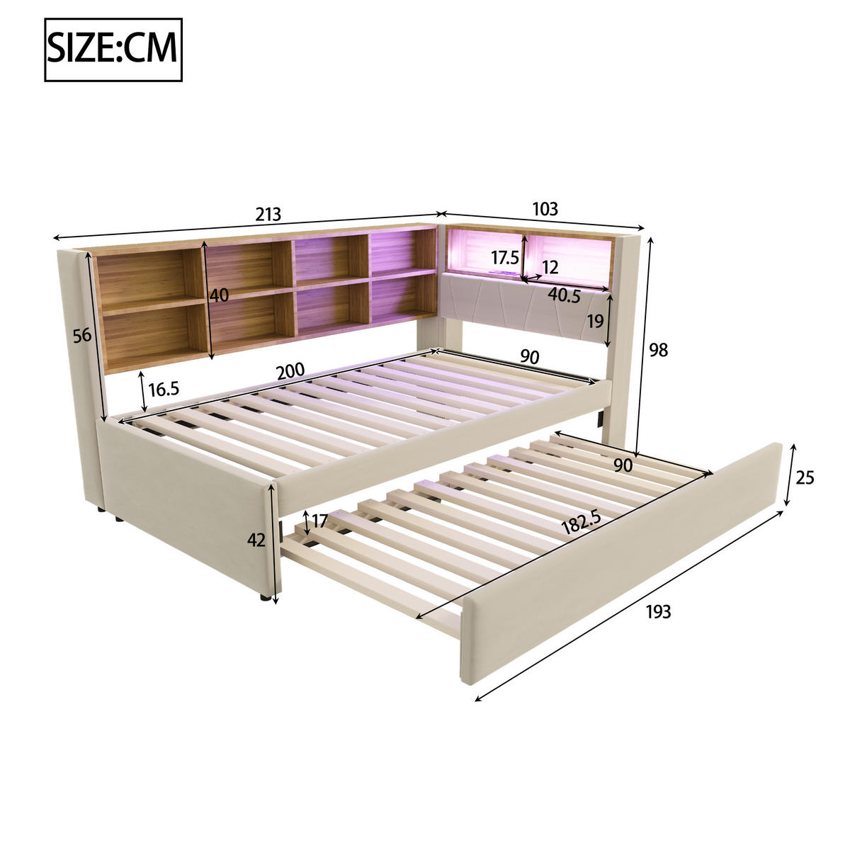 AUSZIEHBETT 90/200 cm Flanell Beige mit LED-Beleuchtung und Ladeanschlüssen - Beige, Textil (90/200cm) - OKWISH