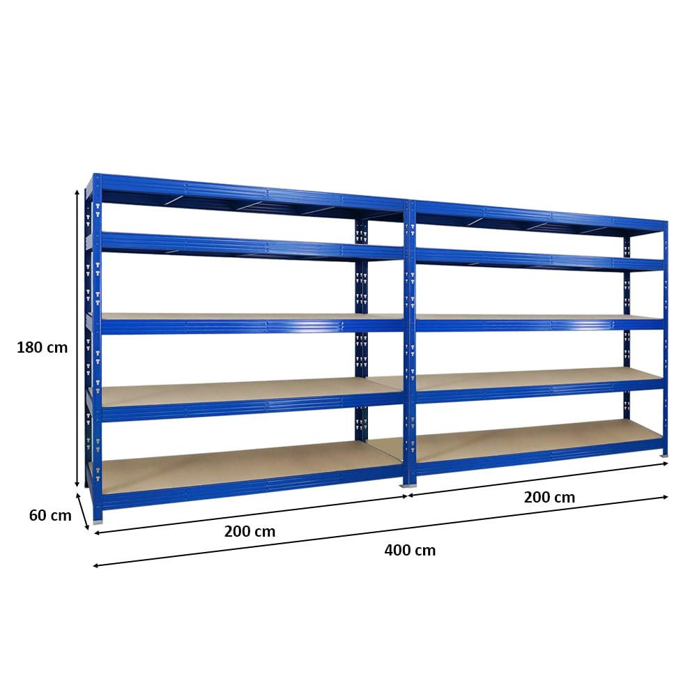SCHWERLASTREGAL Rhino 2er-Set mit 2x 180x200x60 cm 5 Spanplatten-Ebenen 8mm Fachlast 500 kg Blau - Blau, Metall (400/180/60cm) - PROREGAL