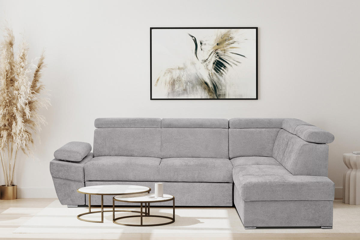 SCHLAFECKSOFA RATLO rechts 4/5-Sitzer mit Bettkasten, hellgrau - Silberfarben, Textil (270/190cm) - KONSIMO®