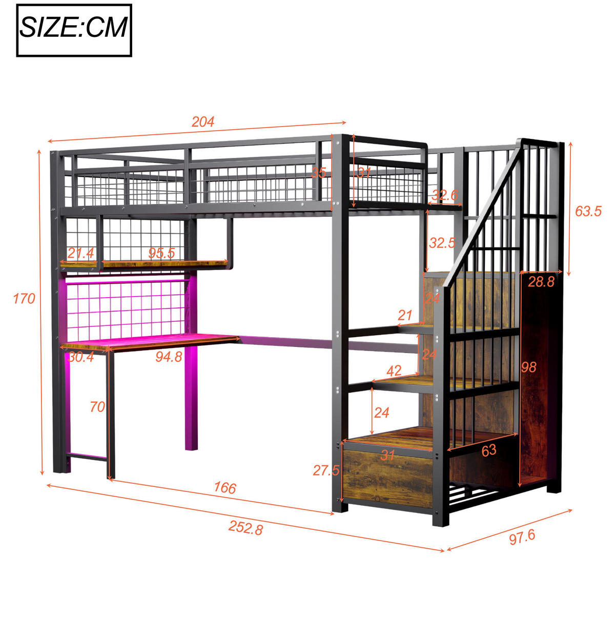 HOCHBETT aus Metall 90x200 cm Schwarz mit Schreibtisch, Lichtleiste, Steckdosen, Stauraumtreppe und Kleiderschrank - Schwarz, Metall (90/190cm) - Modfu