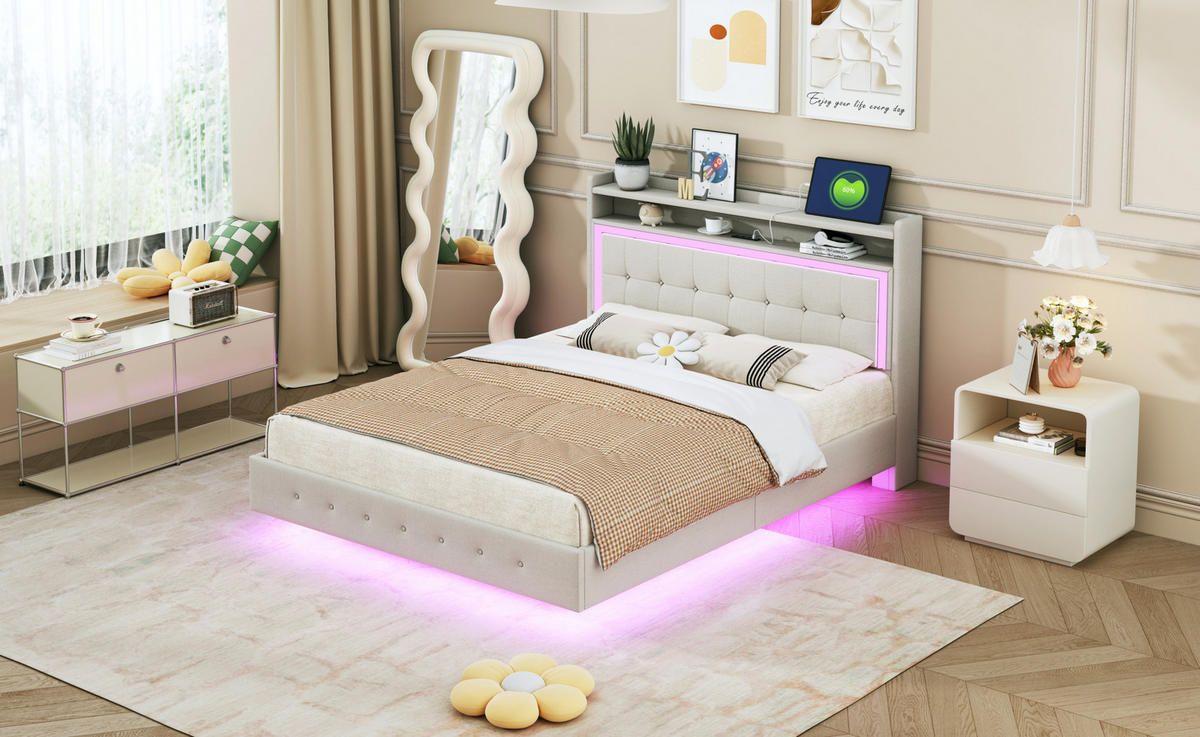 POLSTERBETT 140/200 cm Beige aus Stoff mit USB-Steckdose und LED-Beleuchtung - Beige, Textil (140/200cm) - OKMYHOME