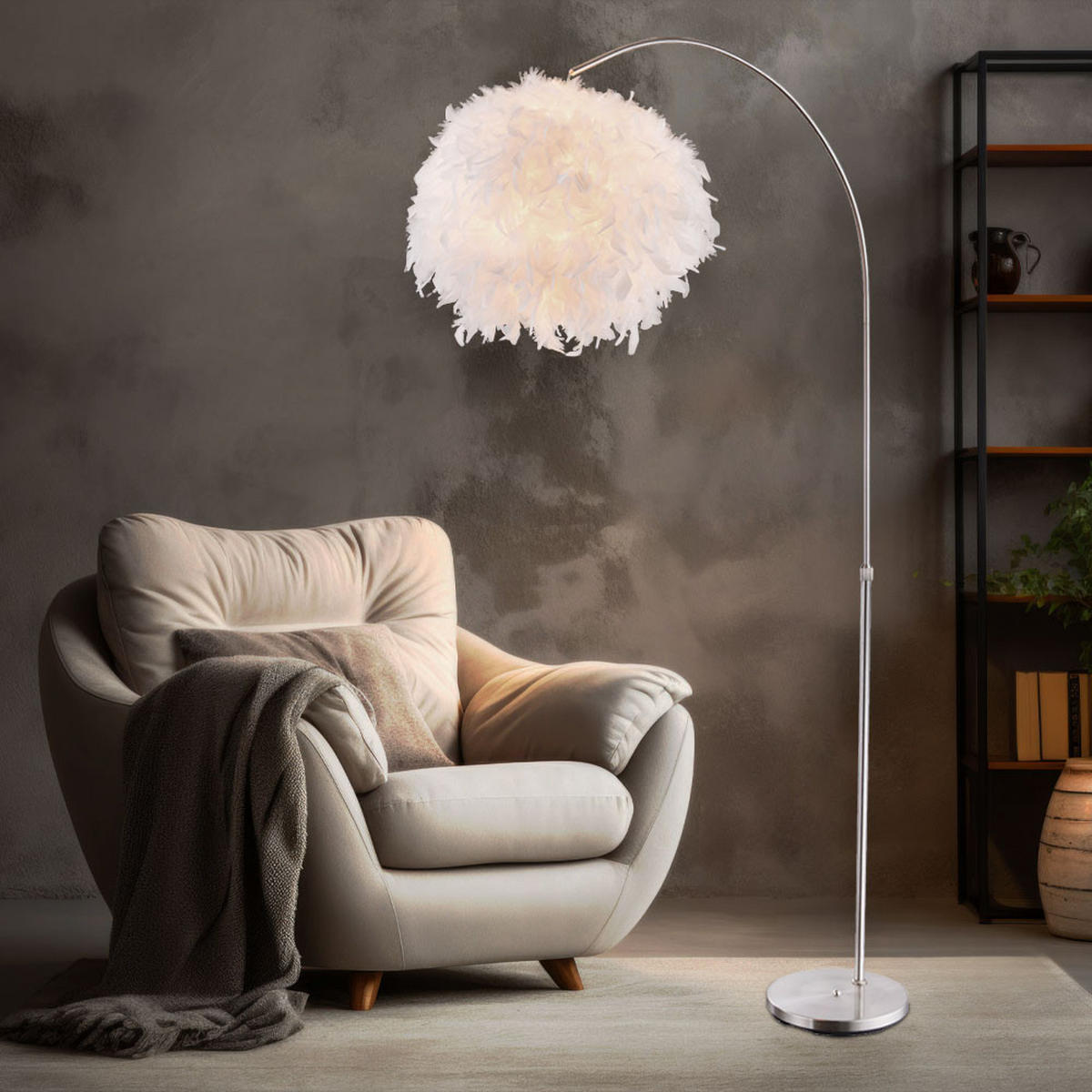 LED STEHLEUCHTE Metall Weiß Feder-Lampenschirm - Weiß, Kunststoff (96/96/196cm) - Globo Lighting
