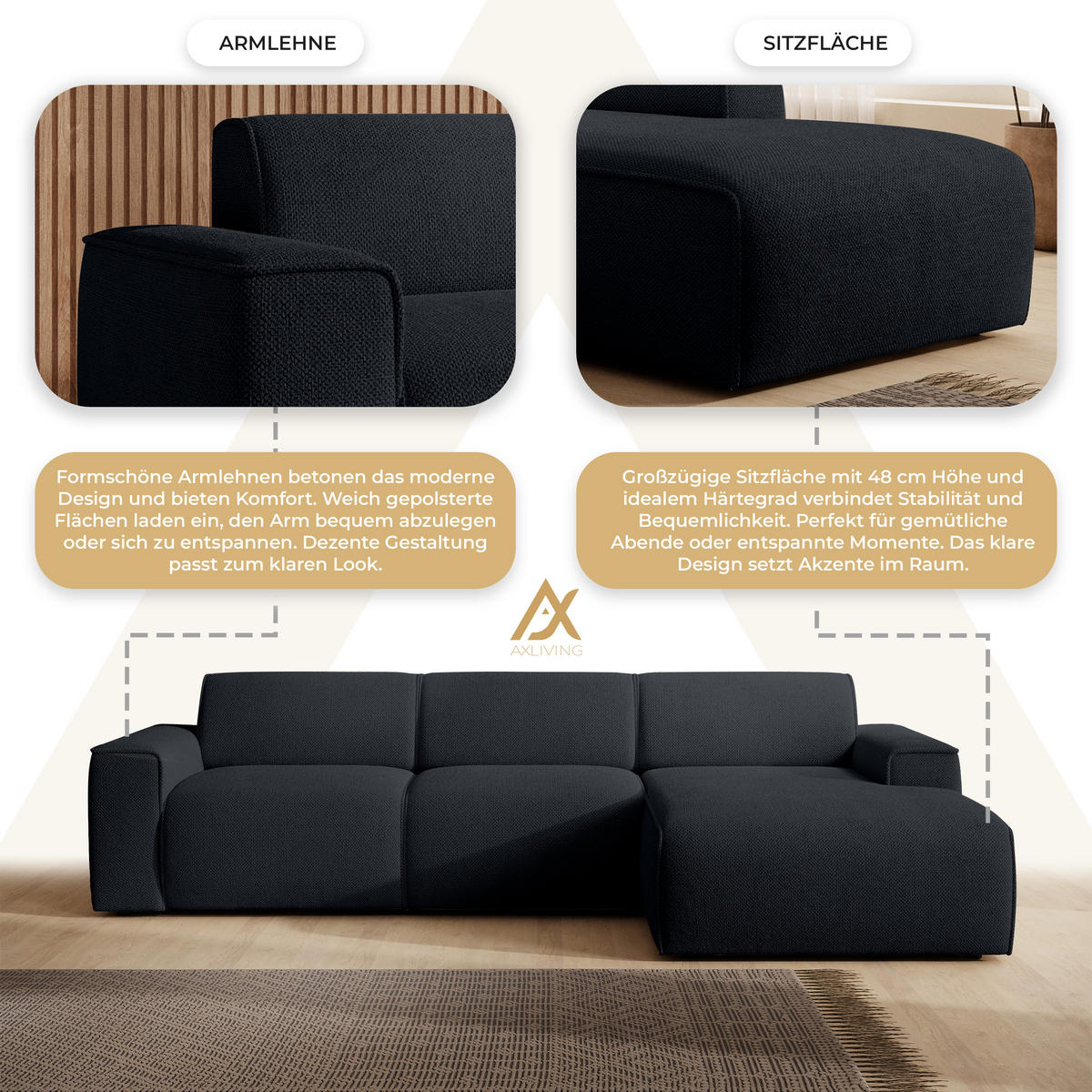 ECKSOFA L Form Didim mini Schwarz 310/165/78 cm – stilvolle kleine Eckcouch R - Schwarz, Kunststoff/Textil (310/165cm) - AX Living