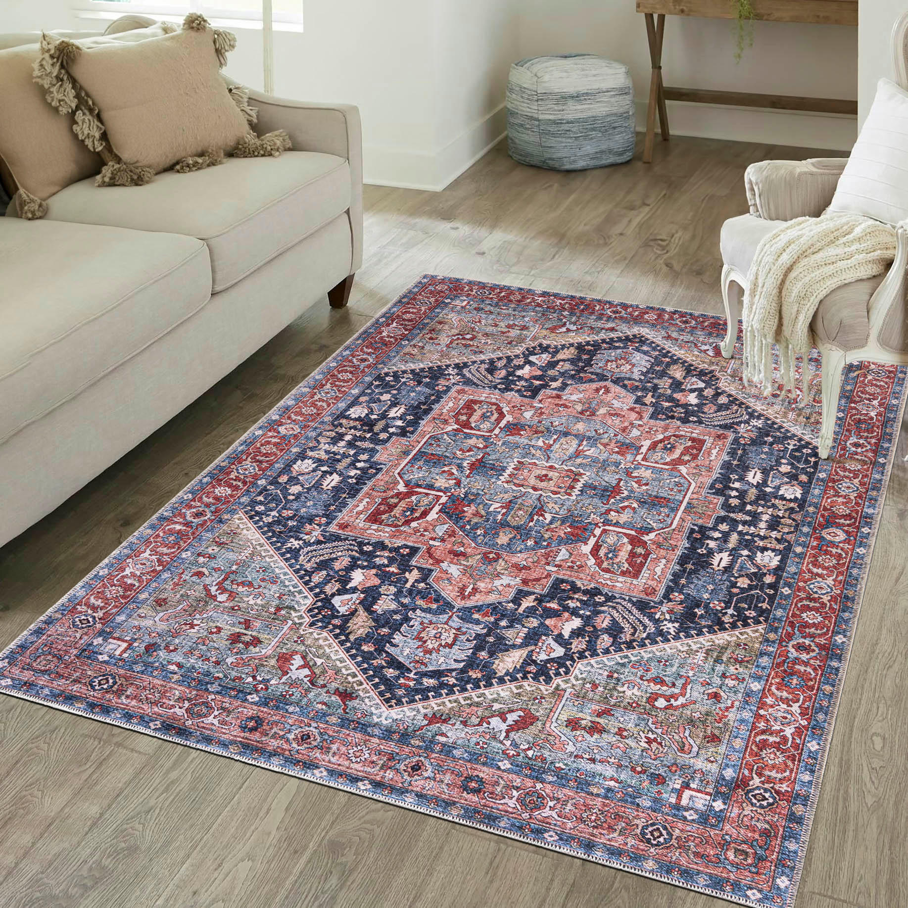 TEPPICH Rot Boho Vintage - Rechteckig Pflanzlich - Blau - 250 x 350 cm - Blau/Rot, Textil (250/350cm) - Mazovia