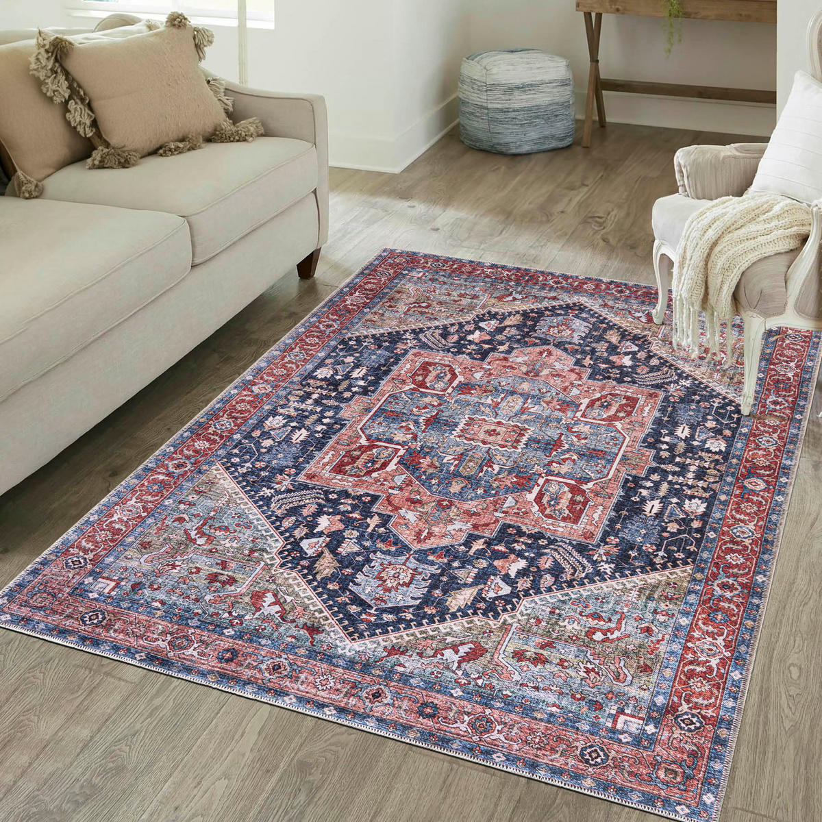 TEPPICH Rot Boho Vintage - Rechteckig Pflanzlich - Blau - 140 x 200 cm - Blau/Rot, Textil (140/200cm) - Mazovia