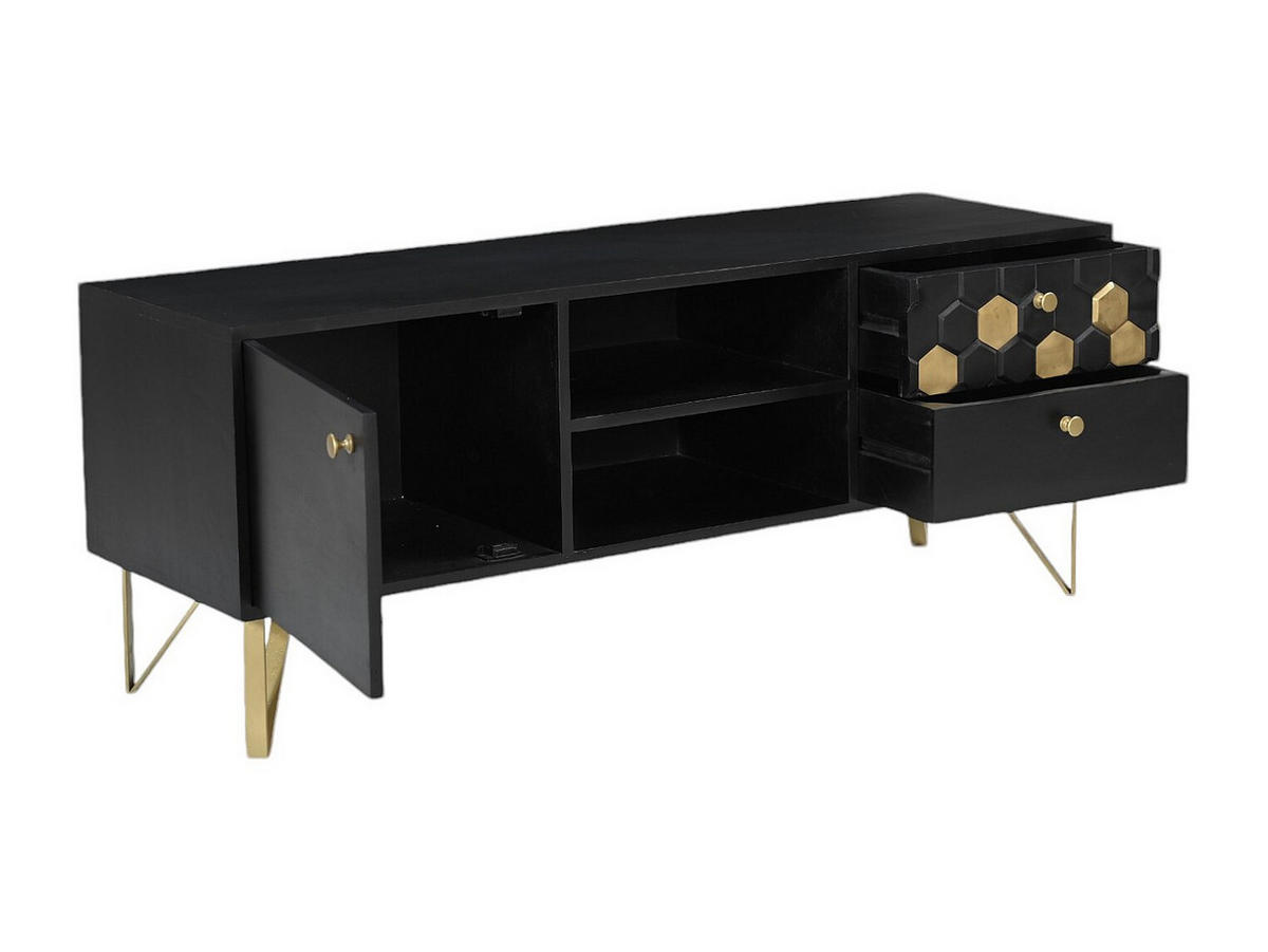TV-MÖBEL mit 1 Tür, 2 Schubladen & 2 Ablagefächern - Mangoholz & Metall - Schwarz & Goldfarben - BELORI - Schwarz, Holz (130/50/40cm) - Vente-Unique