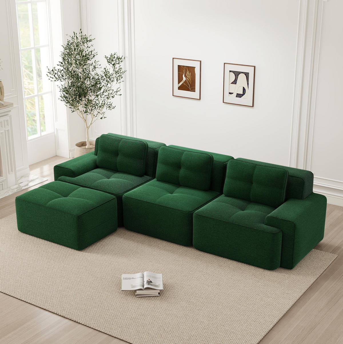 ECKSOFA 293/177/69 cm grün aus Cord mit Tiefsitz, ottomanenfähig und montagefrei - Grün, Textil (177/293cm) - OKWISH