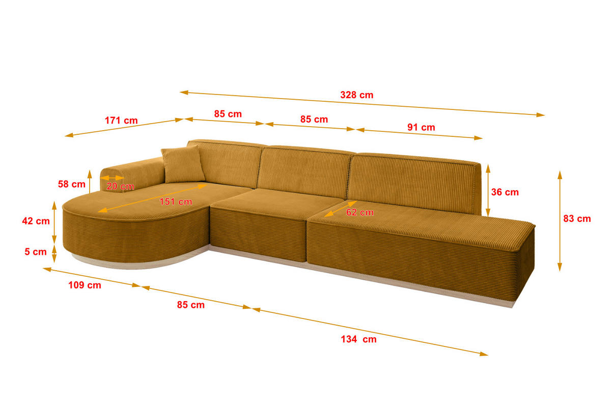 ECKSOFA Ottomane Links ARRIO-L2 - 328x171x83 cm Senfgelb - Currygelb/Gelb, Holzwerkstoff/Textil (328/171cm) - ALTDECOR