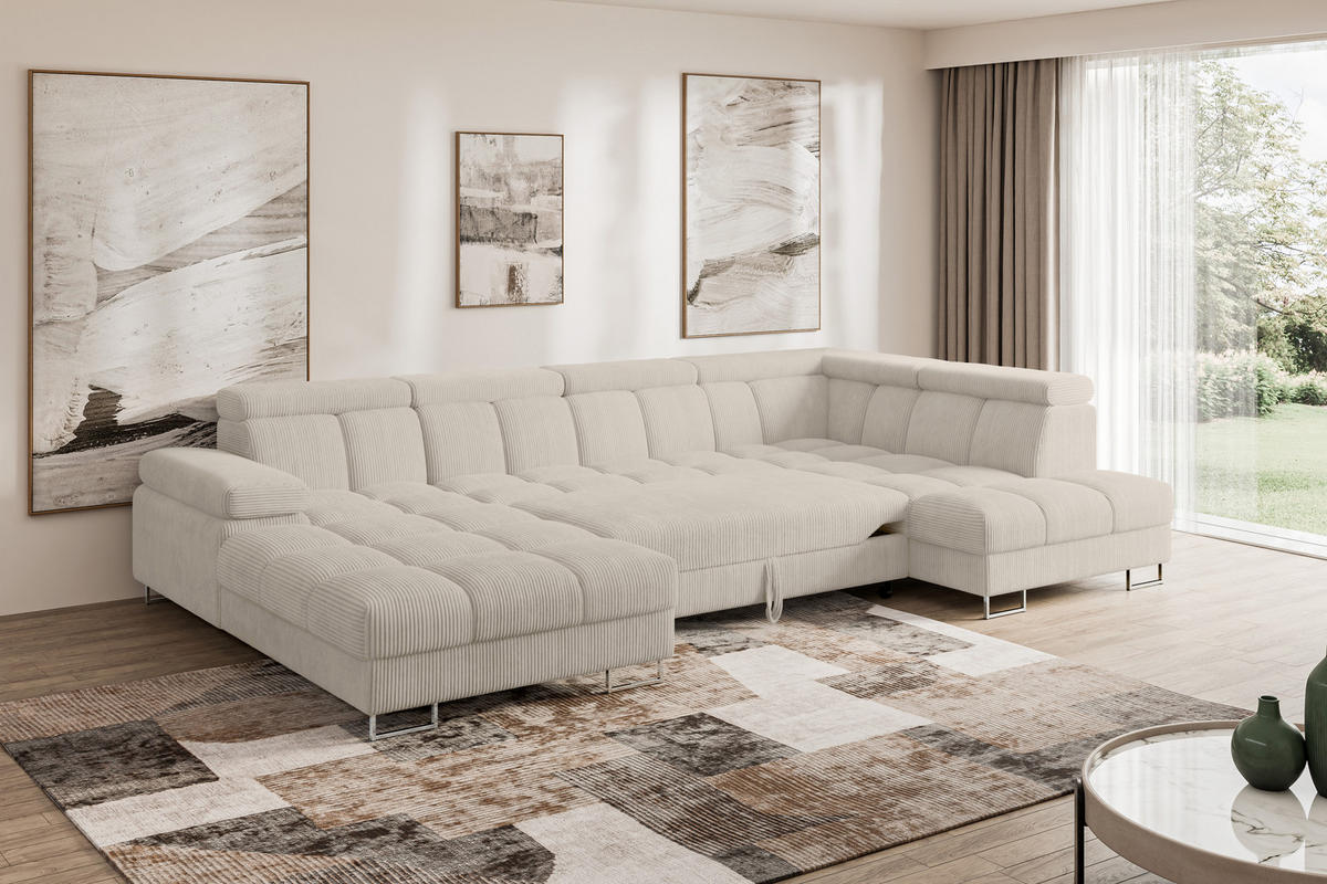 WOHNLANDSCHAFT mit Schlaffunktion und Bettkasten Ottomane RECHTS COMA U 345x203x79 Beige Cord - Beige, Holzwerkstoff/Textil (203/79/345cm) - ALTDECOR