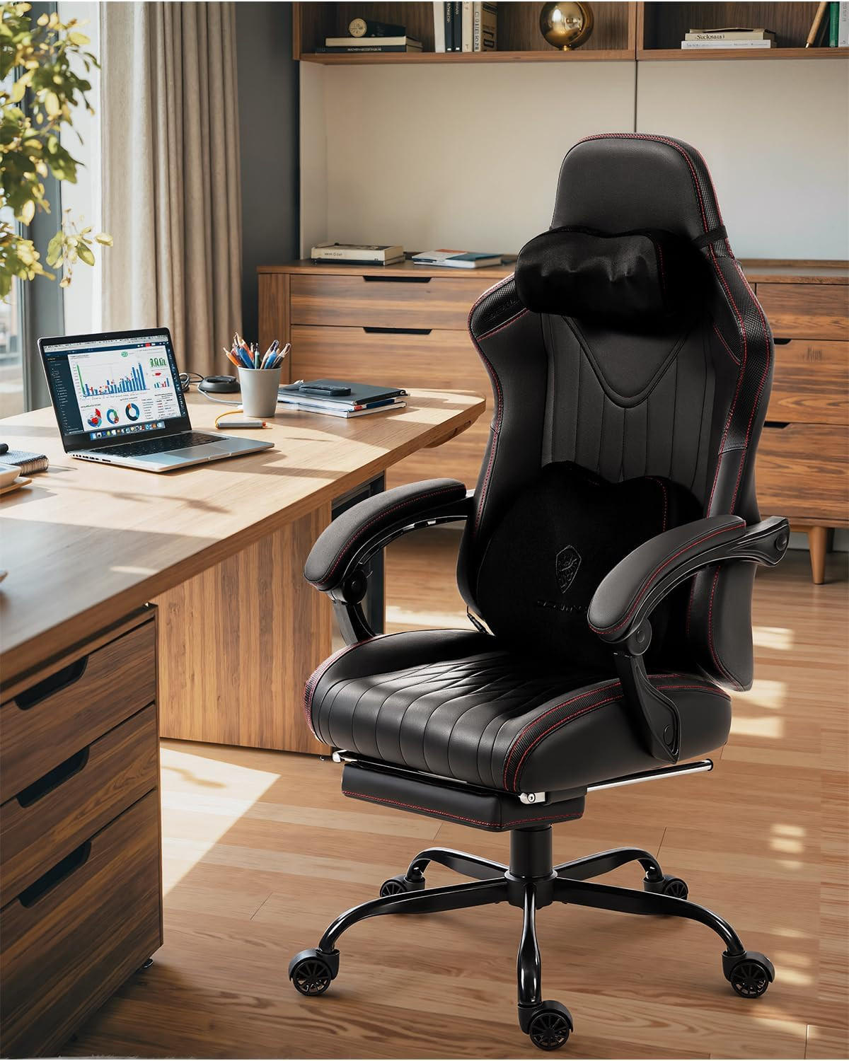 GAMING Stuhl mit Massagefunktion & Lendenwirbelstütze & Nackenstütze - Schwarz, Leder (56/123/70cm)